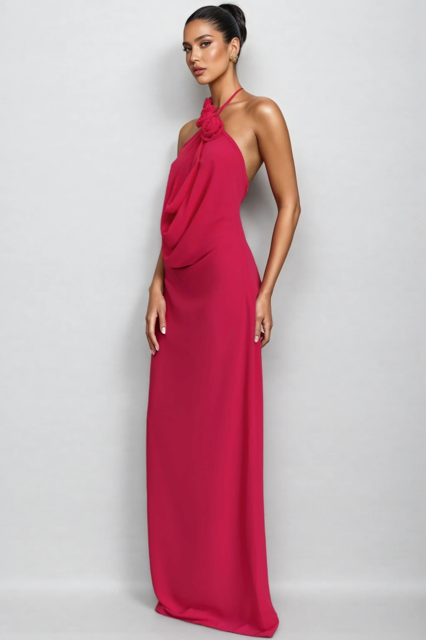 Penel Cowl Neck 3D Flower Maxi Dress