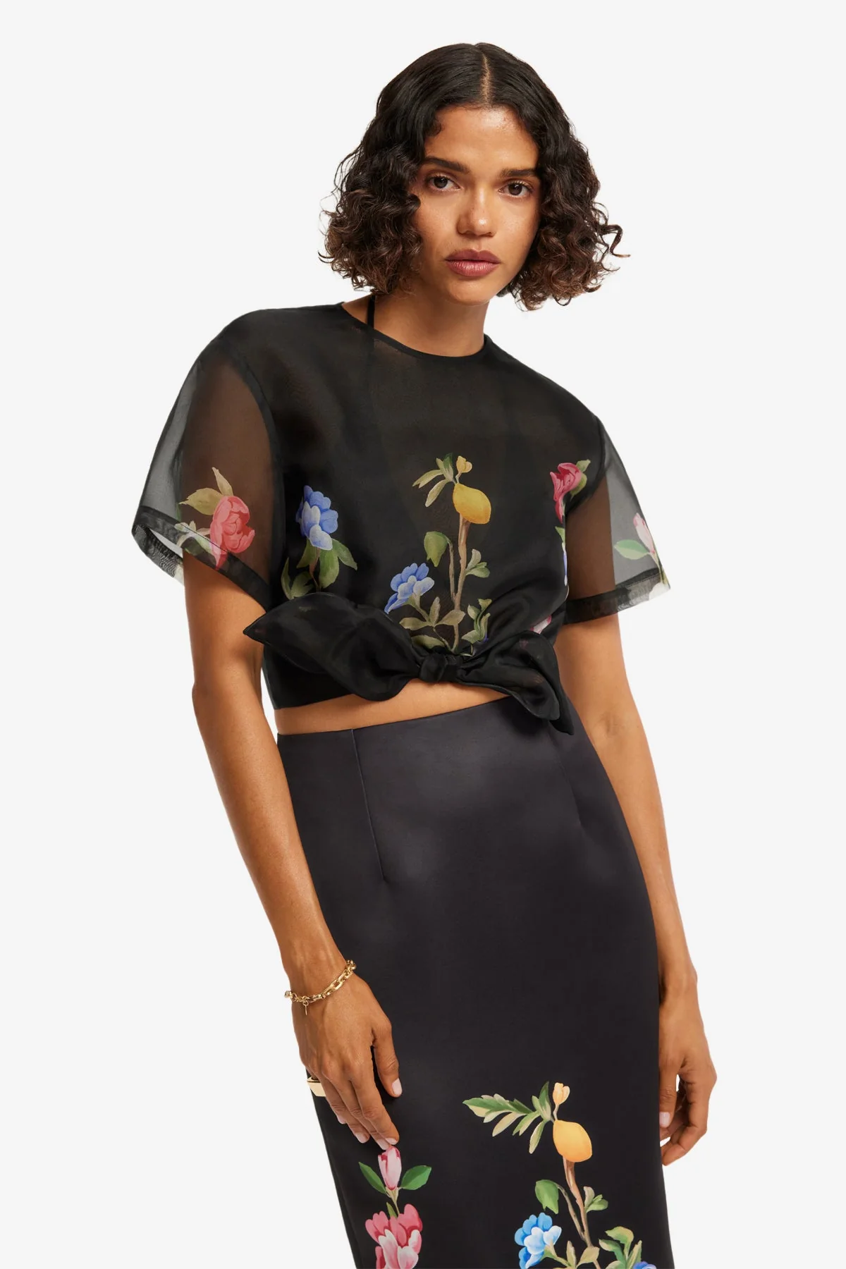 Quinn Midi Skirt - Lemon Vine Print in Ebony