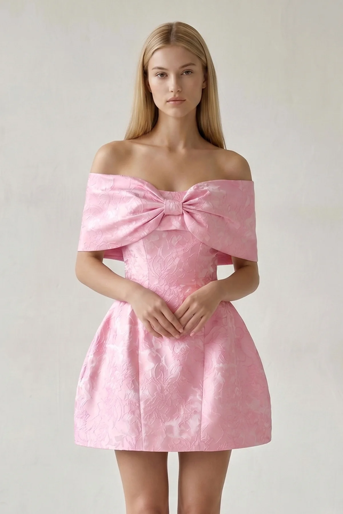 Pink Off The Shoulder Jacquard A Line Homecoming Dress With Appliques