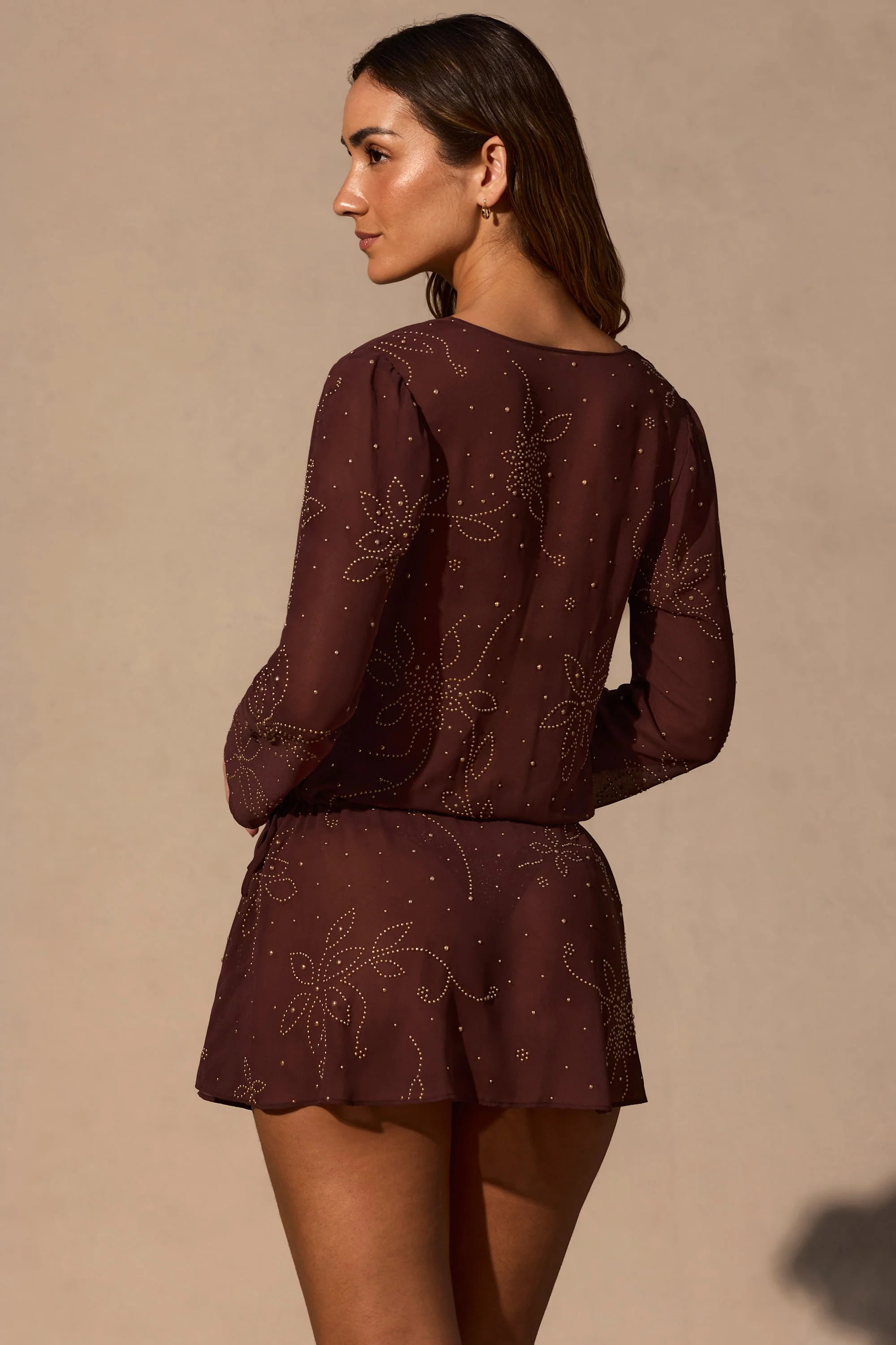Long-Sleeve Mini Dress in Espresso Brown