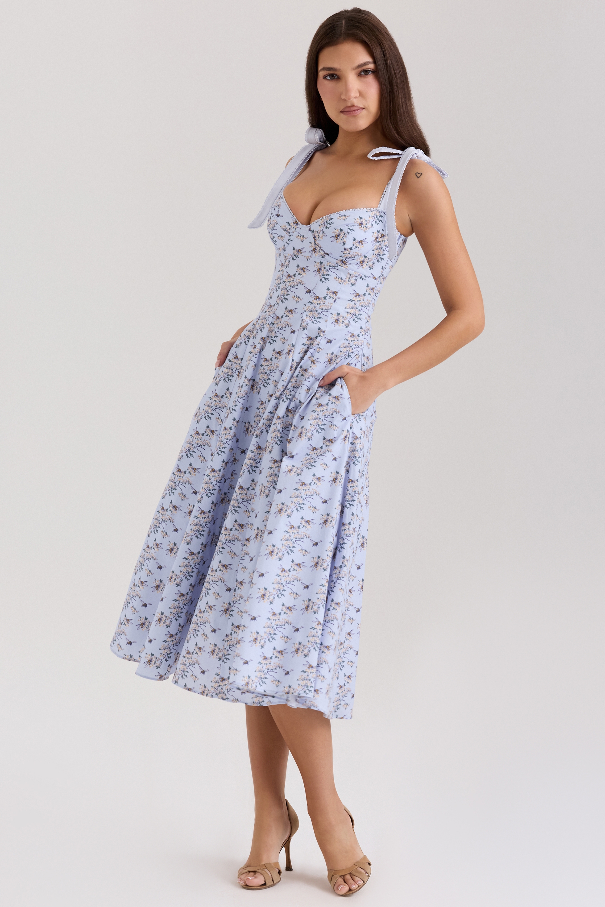 blue floral print stretch cotton midi sundress
