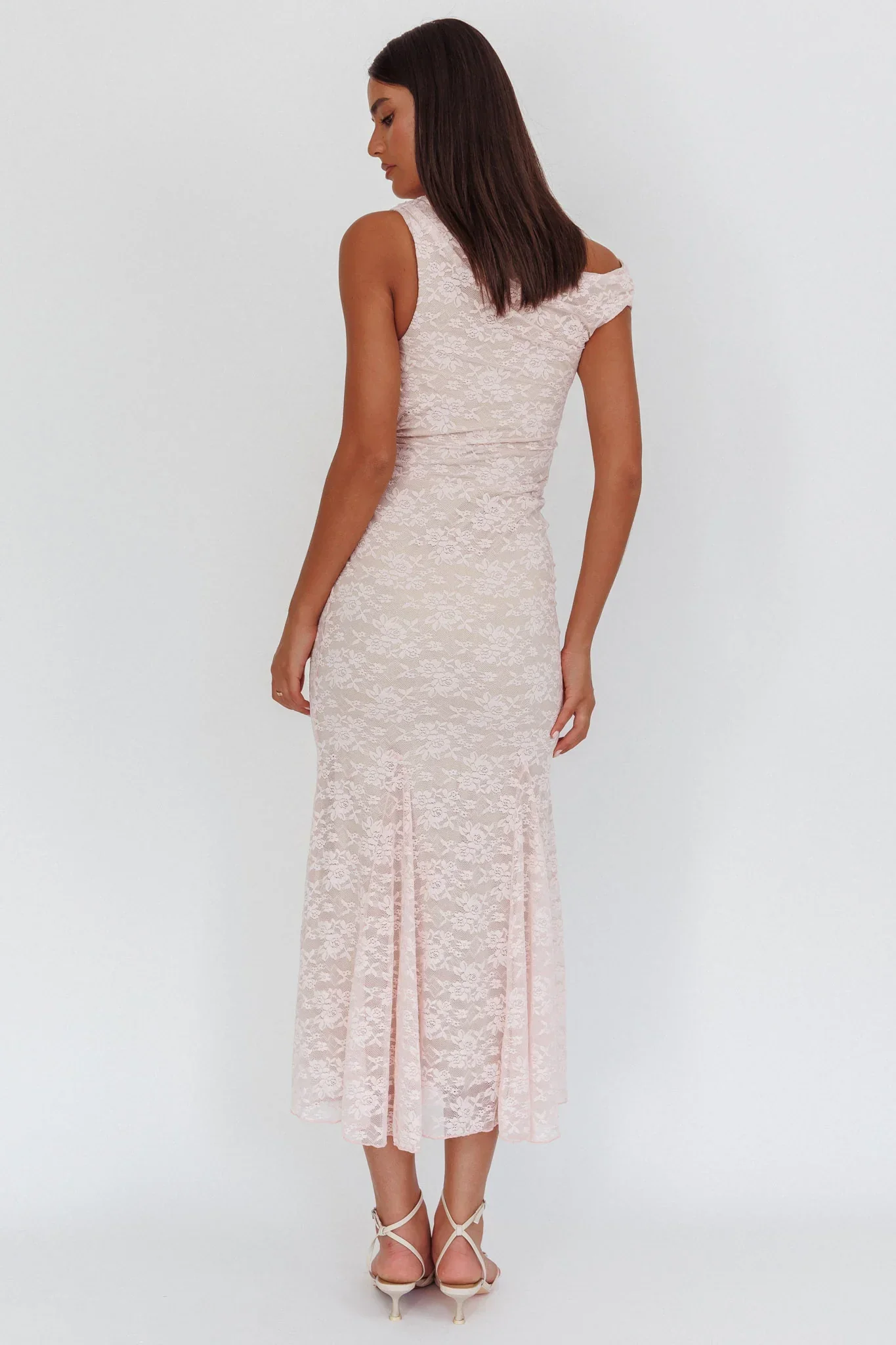 Diana Asymmetric Shoulder Godet Maxi Dress Lace Pink