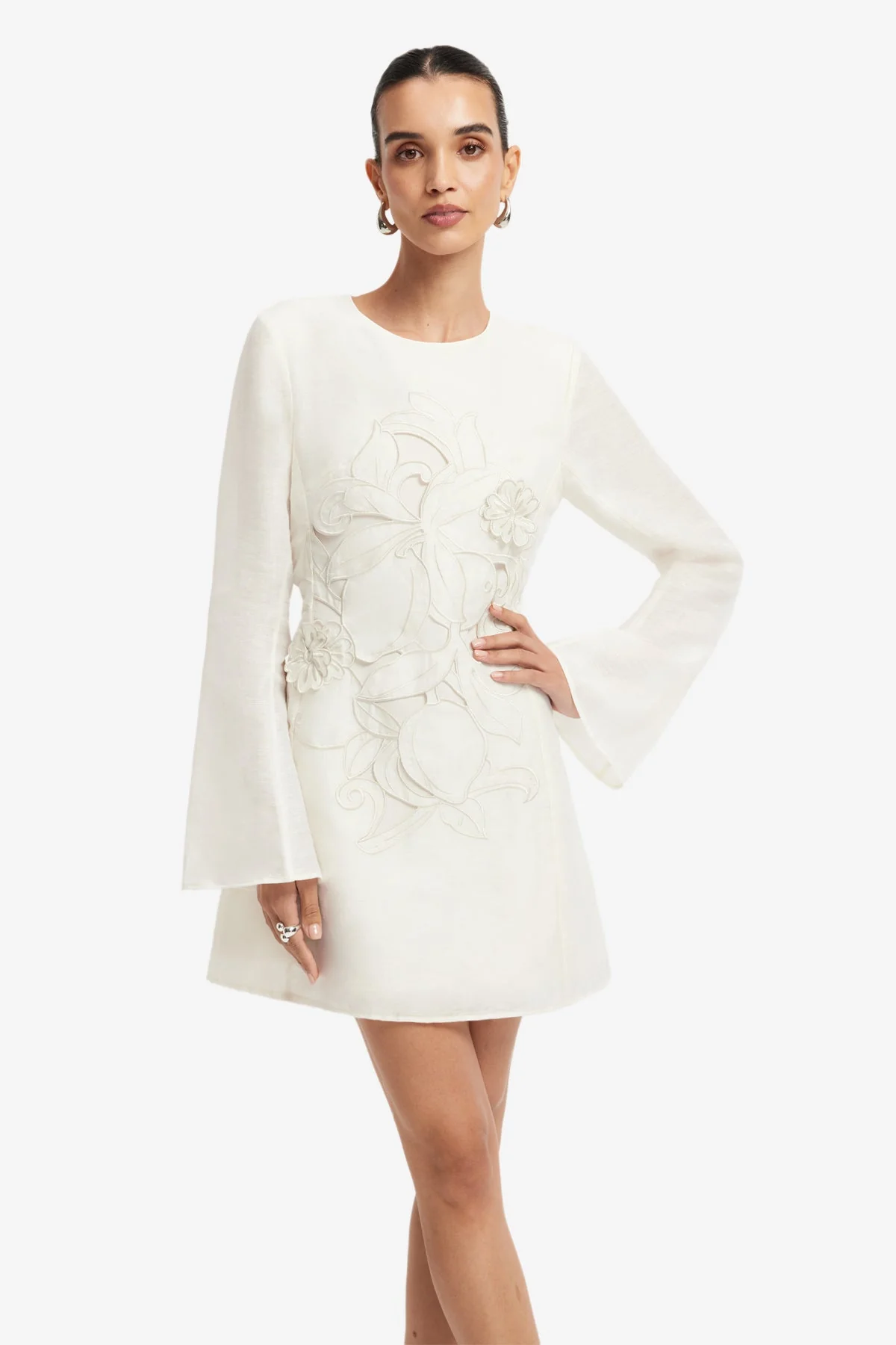 Suzanne Appliqué Bell Sleeve Mini Dress - Snow