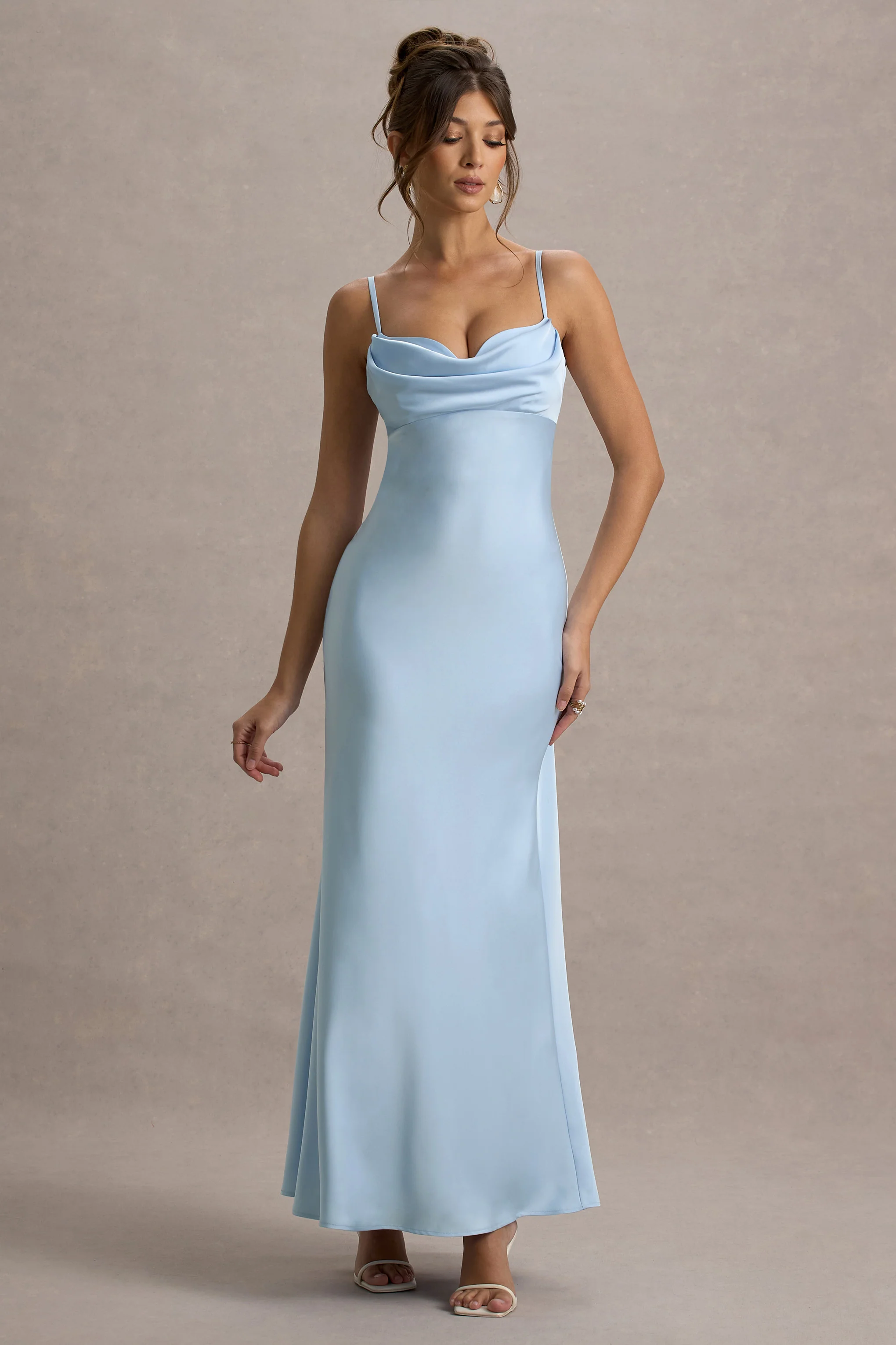 Eimear | Powder Blue Satin Draped Sweetheart Maxi Dress