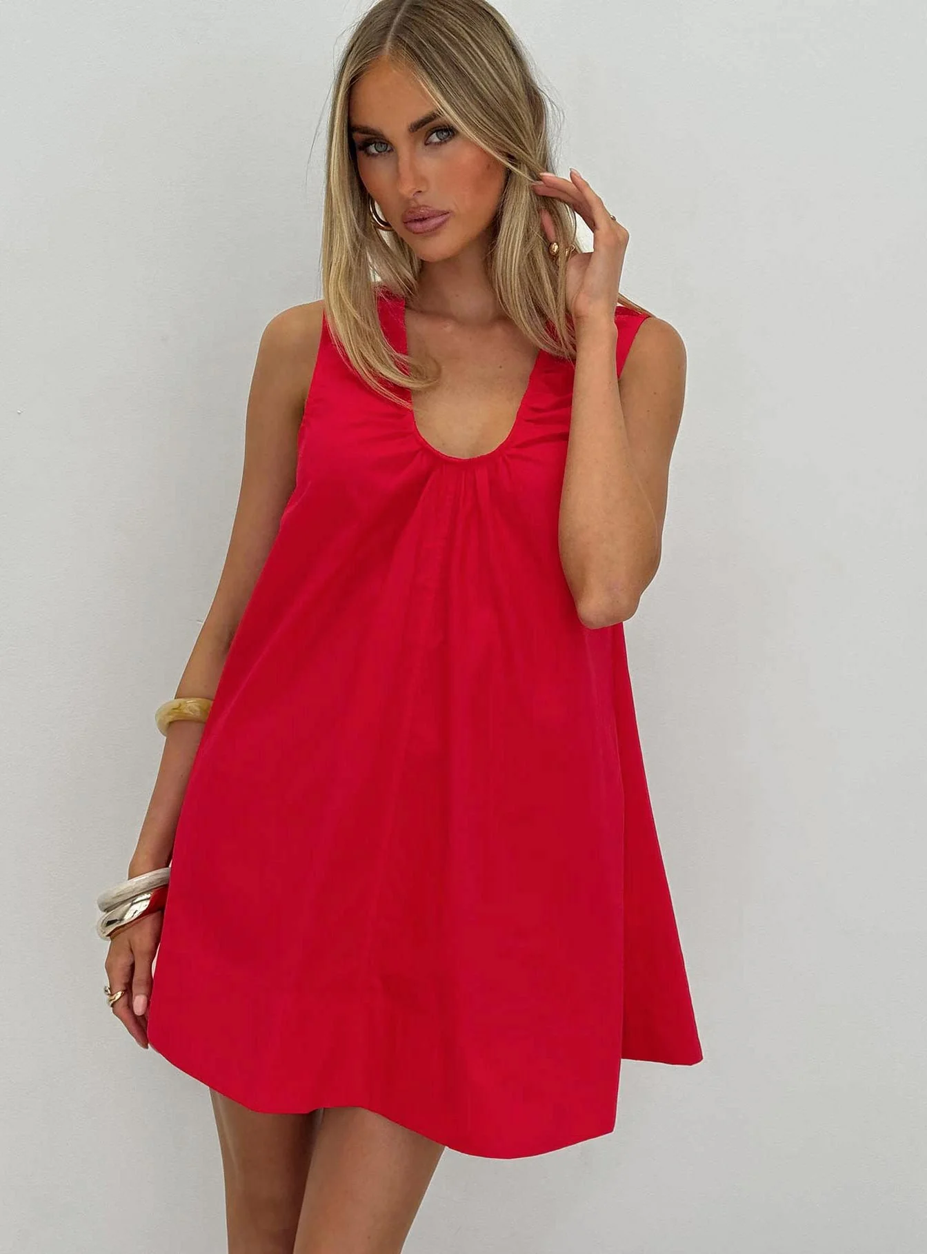 Eberta Ruched Baby Doll Mini Dress Red