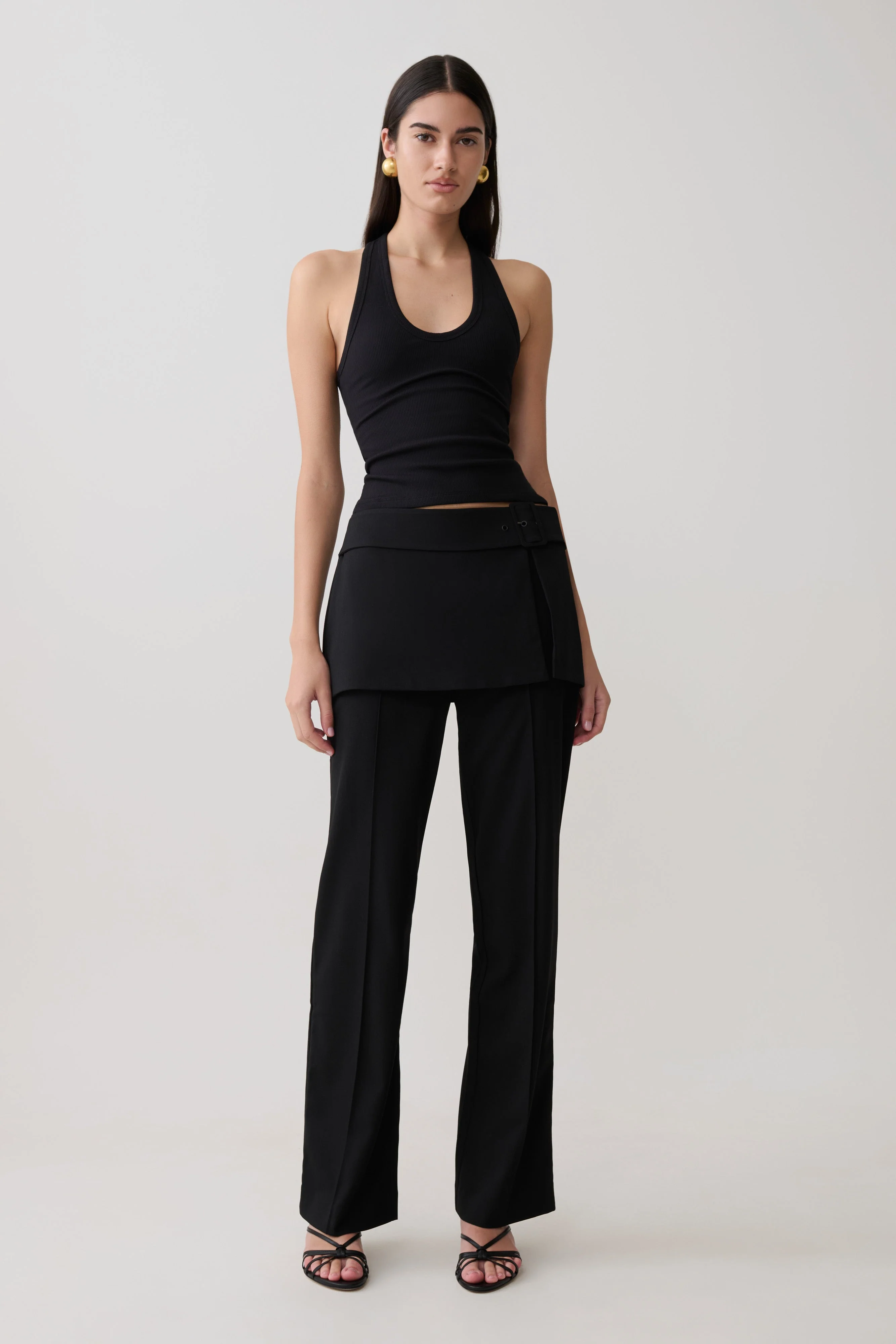 Daisy Wrap Skirt Straight Leg Pants - Black