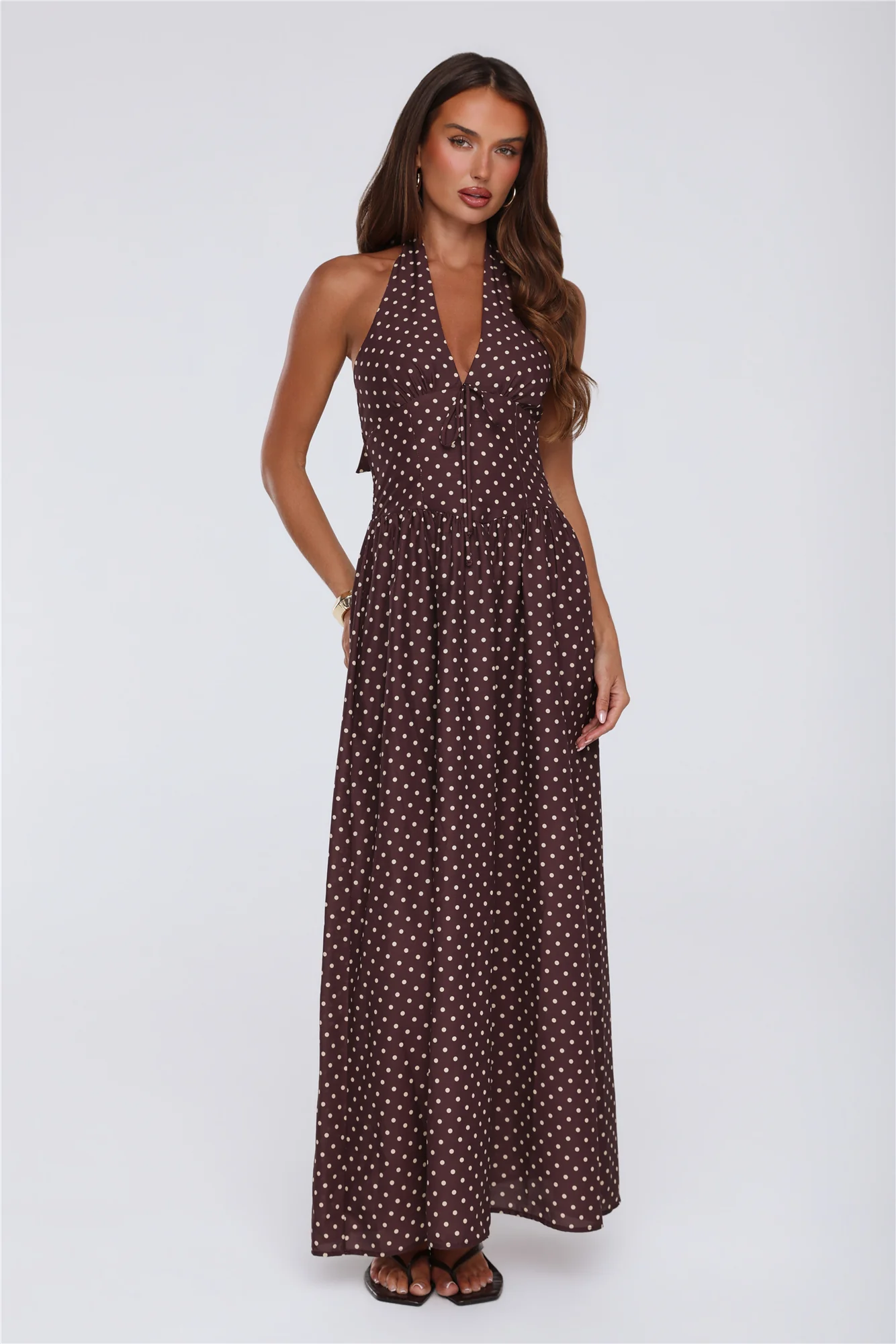 Yes To Polka Dots Halter Maxi Dress Brown - luluinthesky