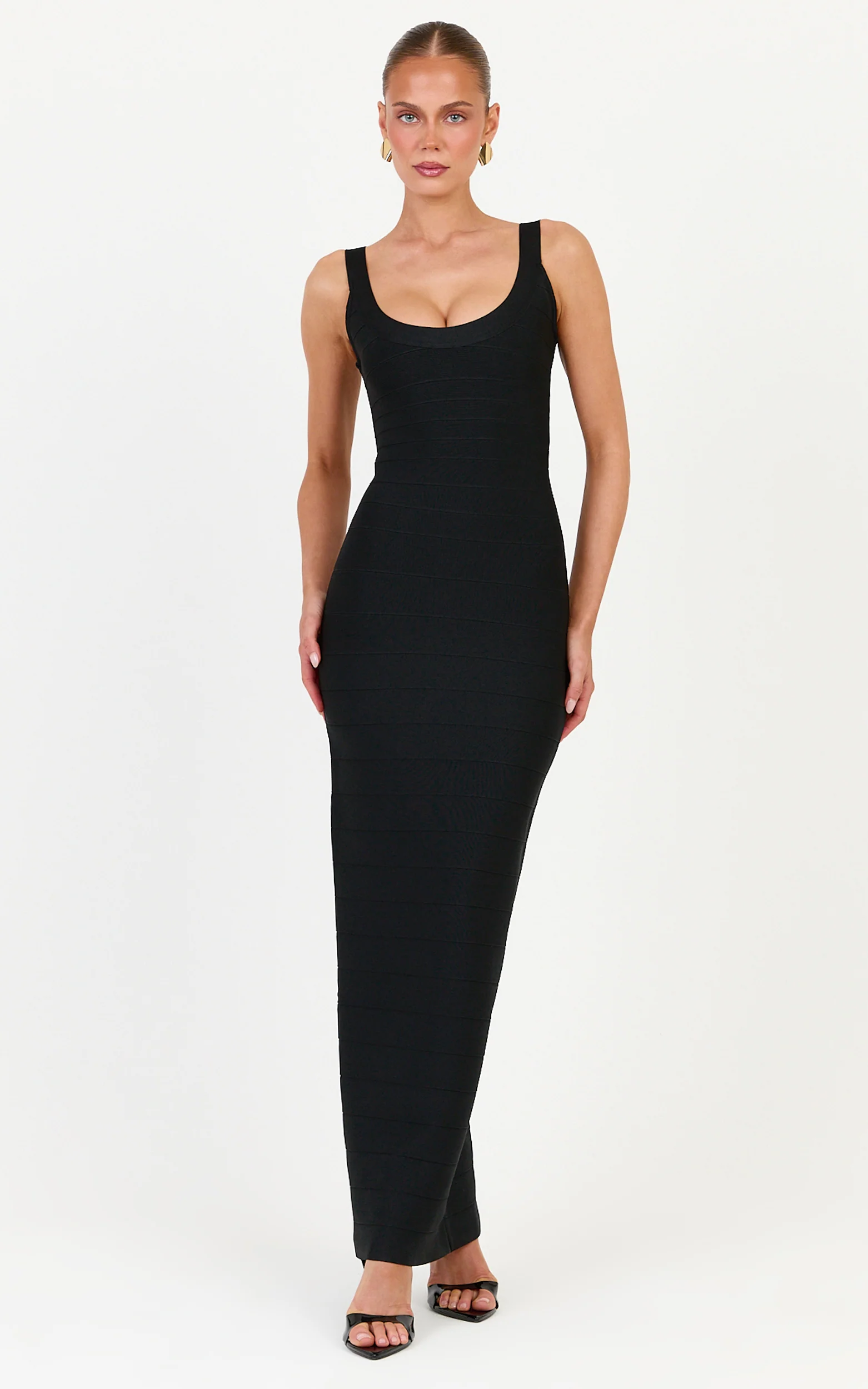 Valentina Maxi Dress - Scoop Neck Bodycon Bandage Dress in Black