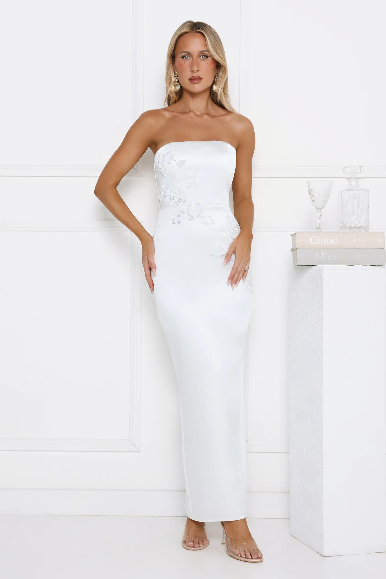 Dusk Desire Strapless Embellished Maxi Dress White