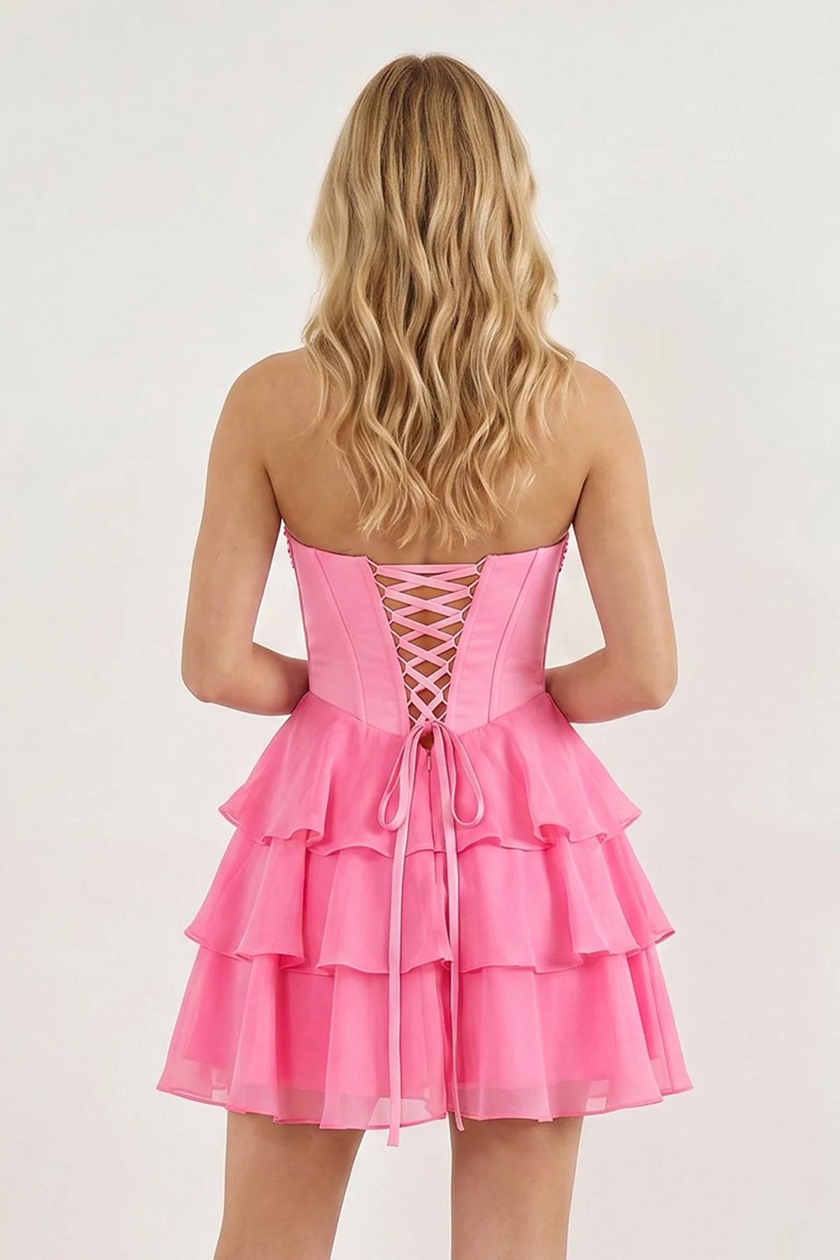 Pink Strapless Tiered A-Line Ruffled Chiffon Appliqued Homecoming Dress