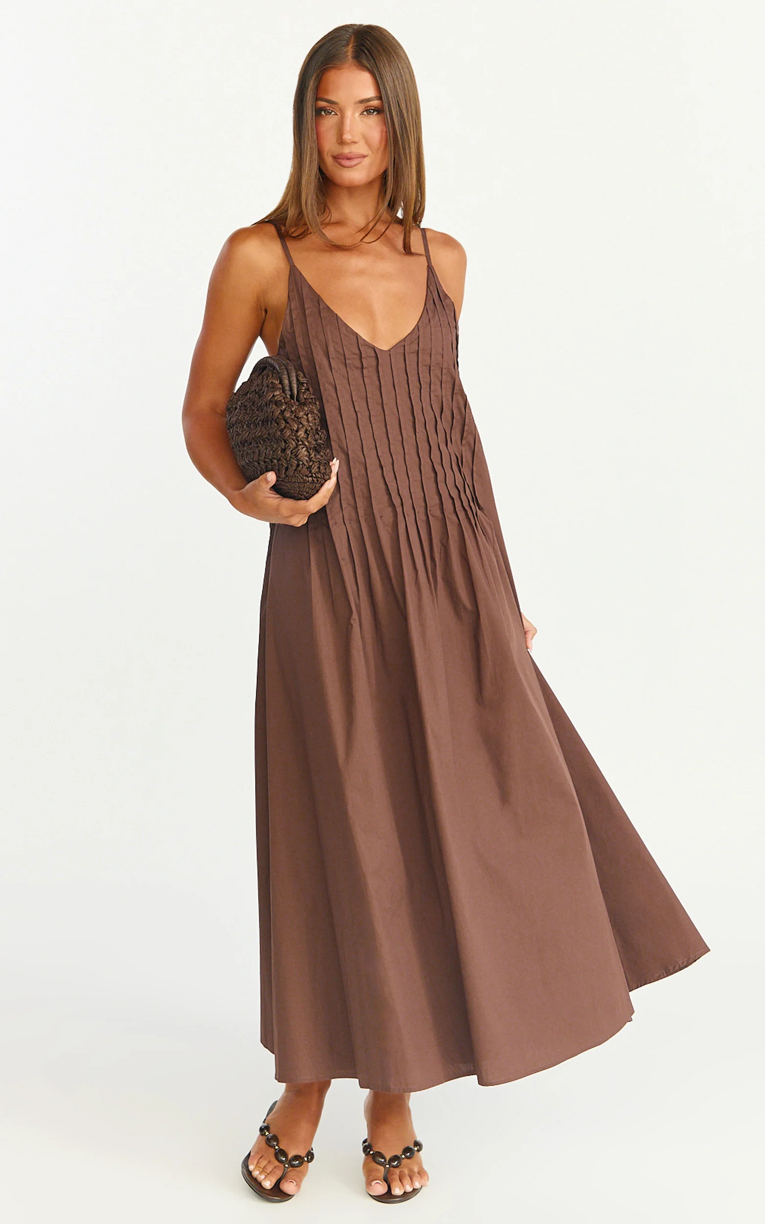 Estelle Maxi Dress - V Neck Pleated Dress in Chocolate