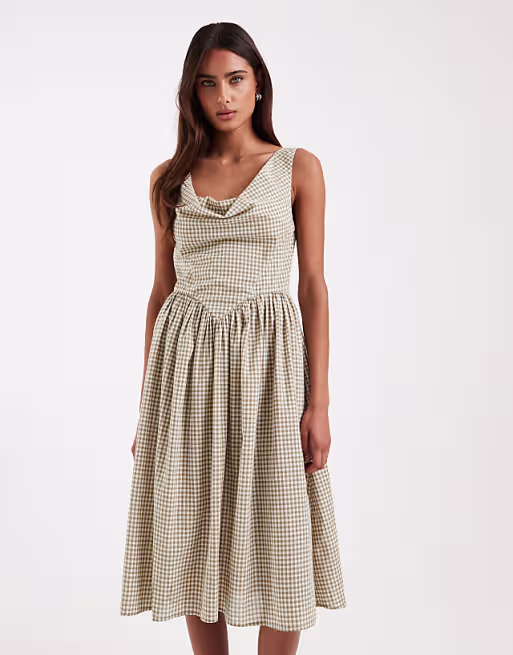 Daisy Street drop waist full skirt midi dress in white and green gingham