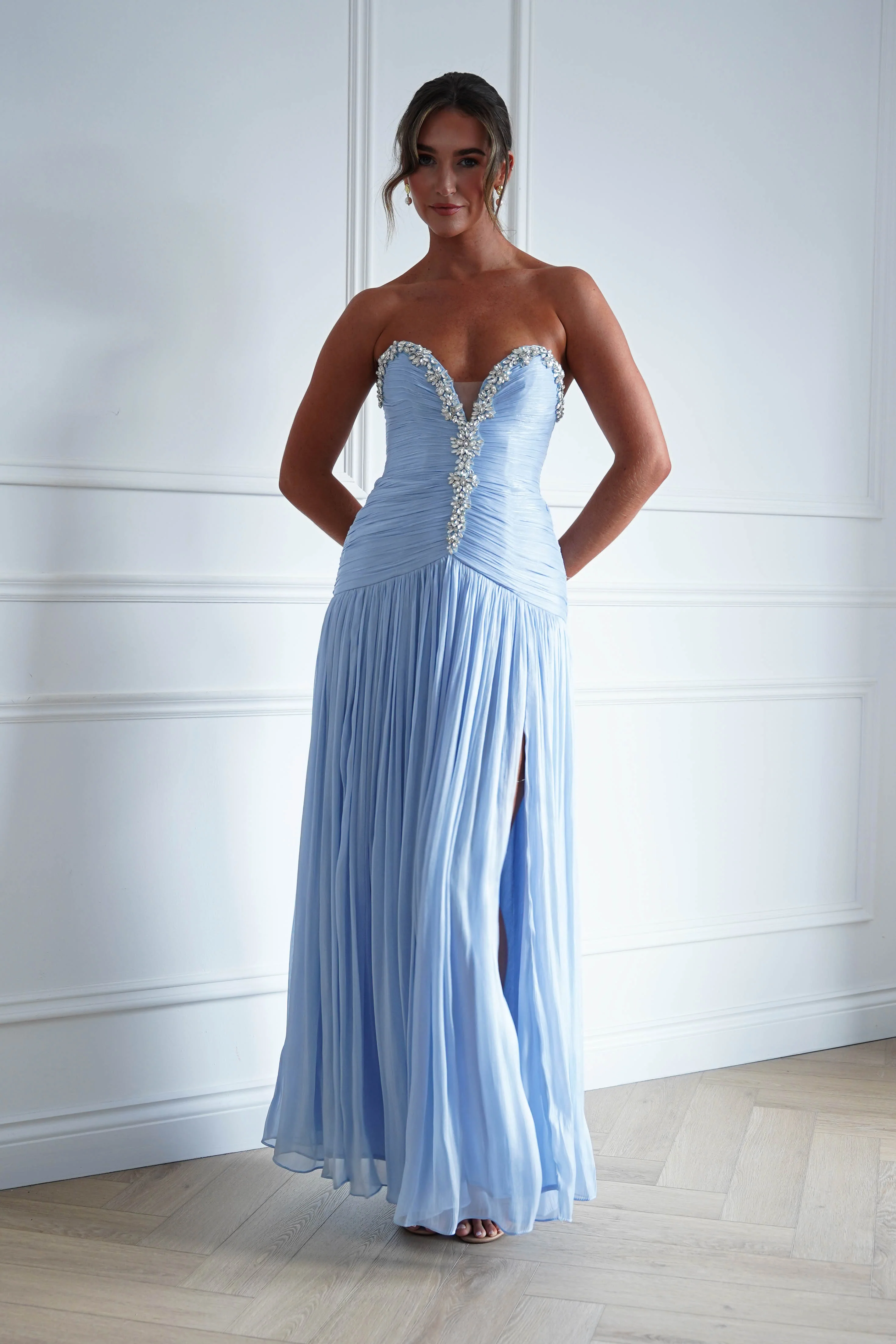 Estella Diamante Trim Ruched Maxi Gown | Blue