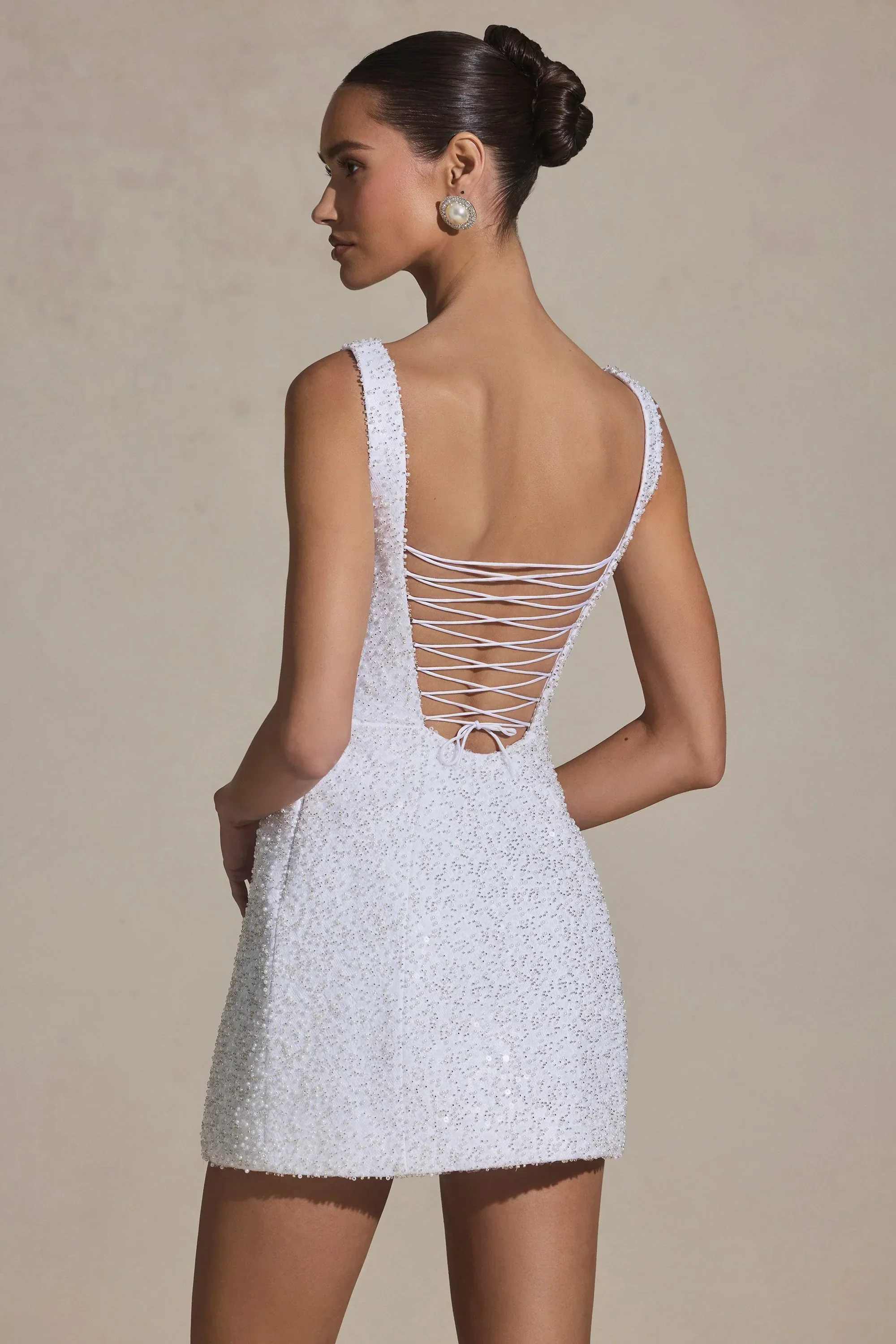 Embellished Structured A-Line Mini Dress in White - luluinthesky