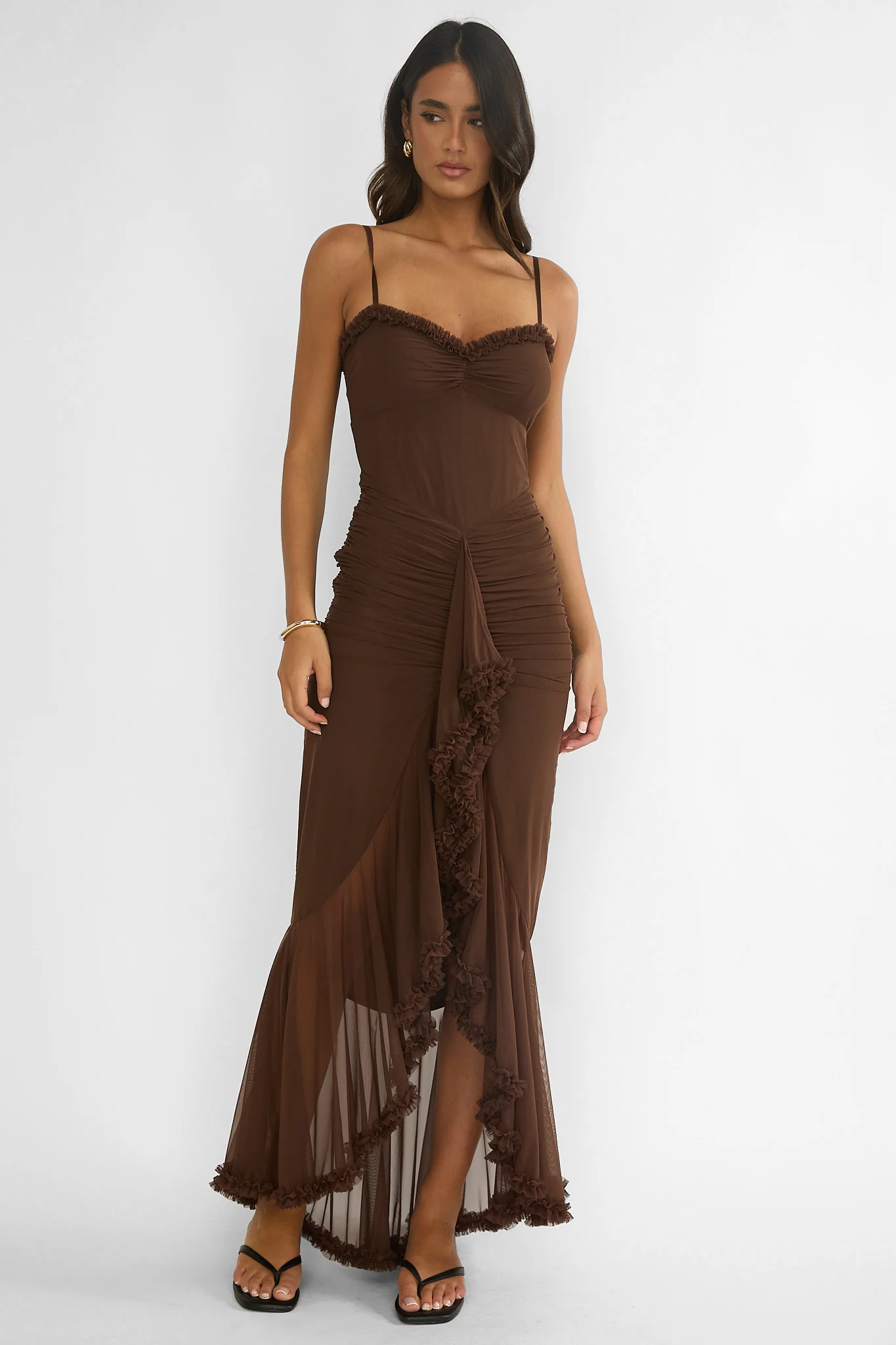Noelia Gathered Waist Frill Trim Maxi Dress Chocolate