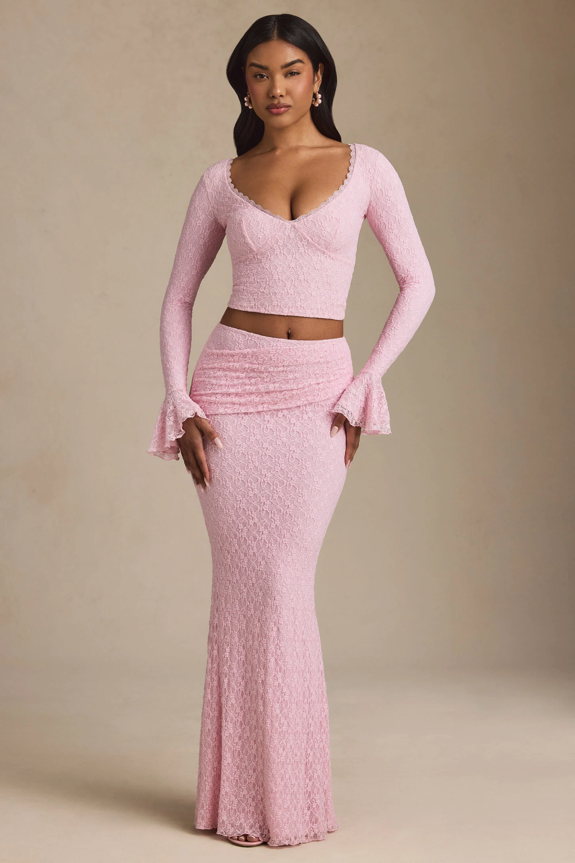 Draped Low-Rise Lace Maxi Skirt in Soft Pink