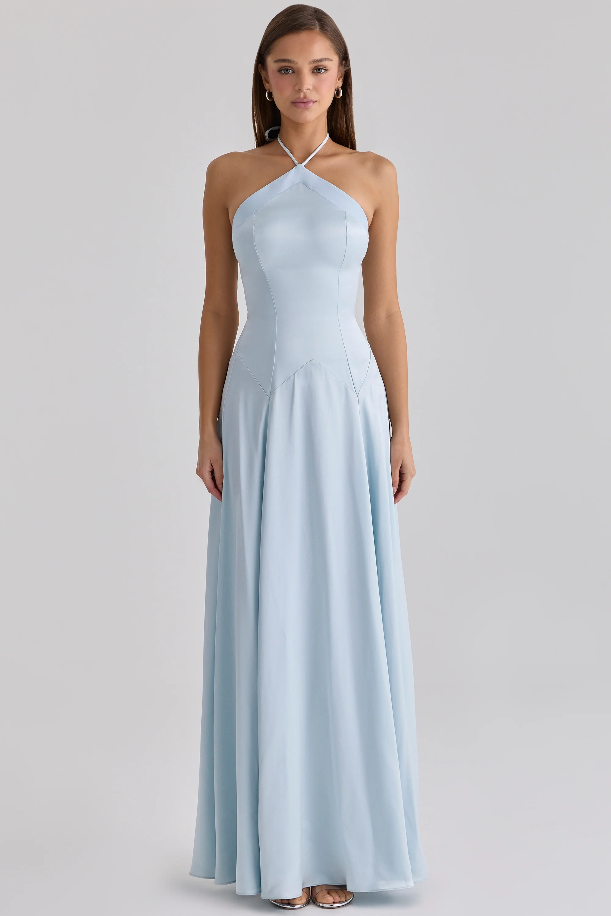 Blue Satin Halter Neck Godet Maxi Dress