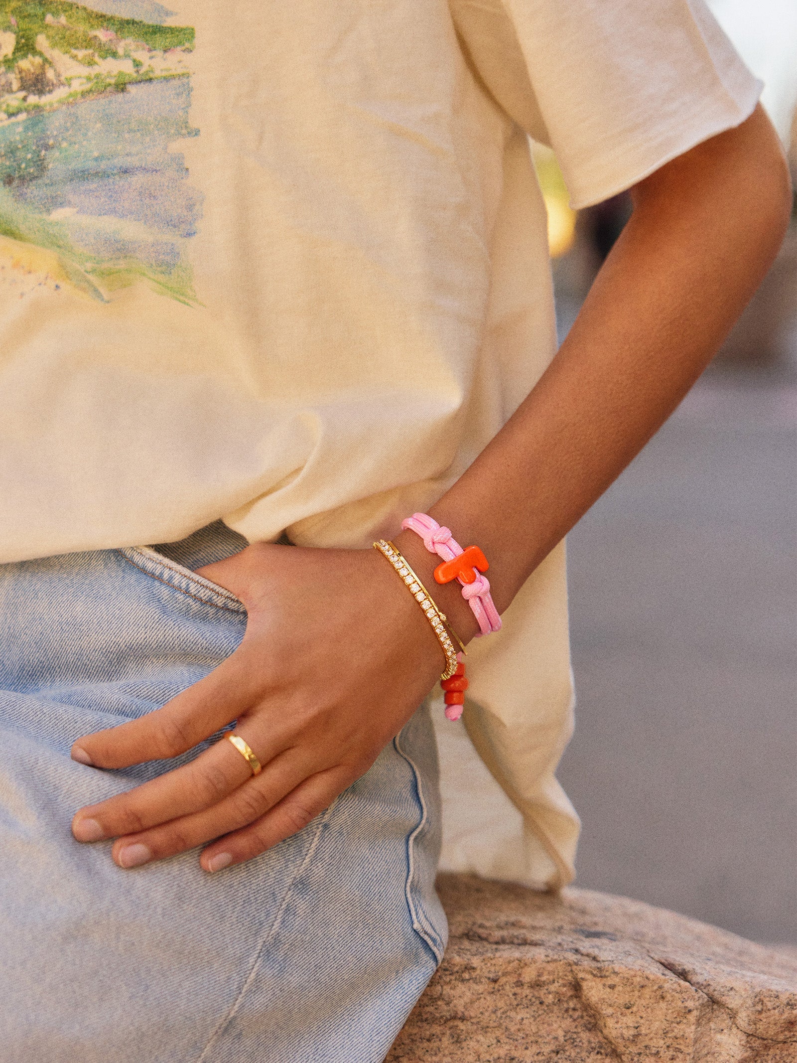Knotty Enamel Initial Custom Bracelet - Pink/Orange Double Letter