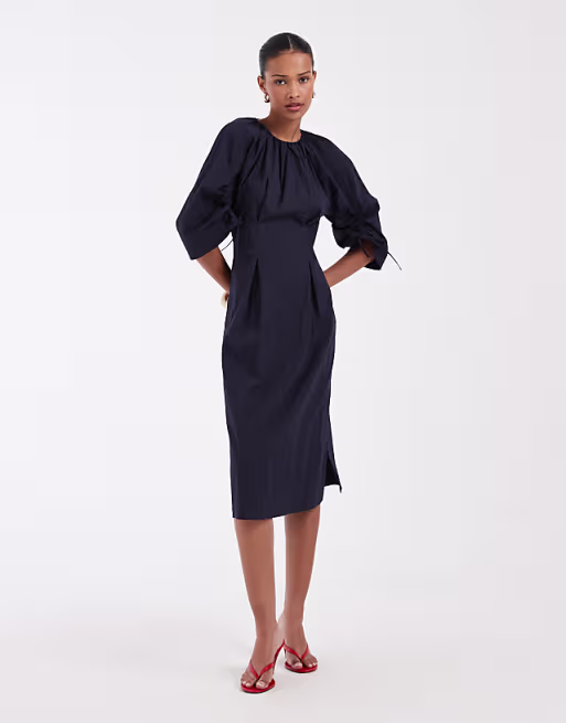 & Other Stories volume cinch sleeve midi dress in dark navy