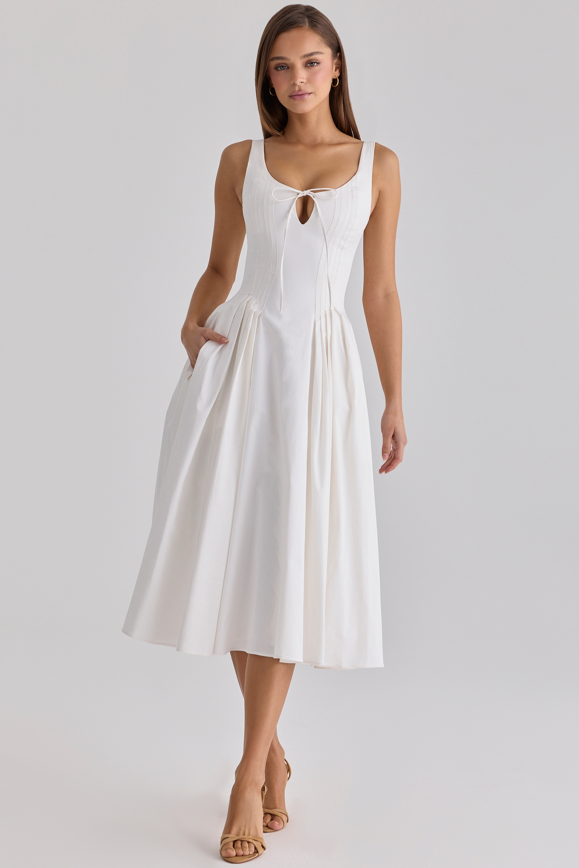 White Pleated Cotton Peekaboo Midi Dress