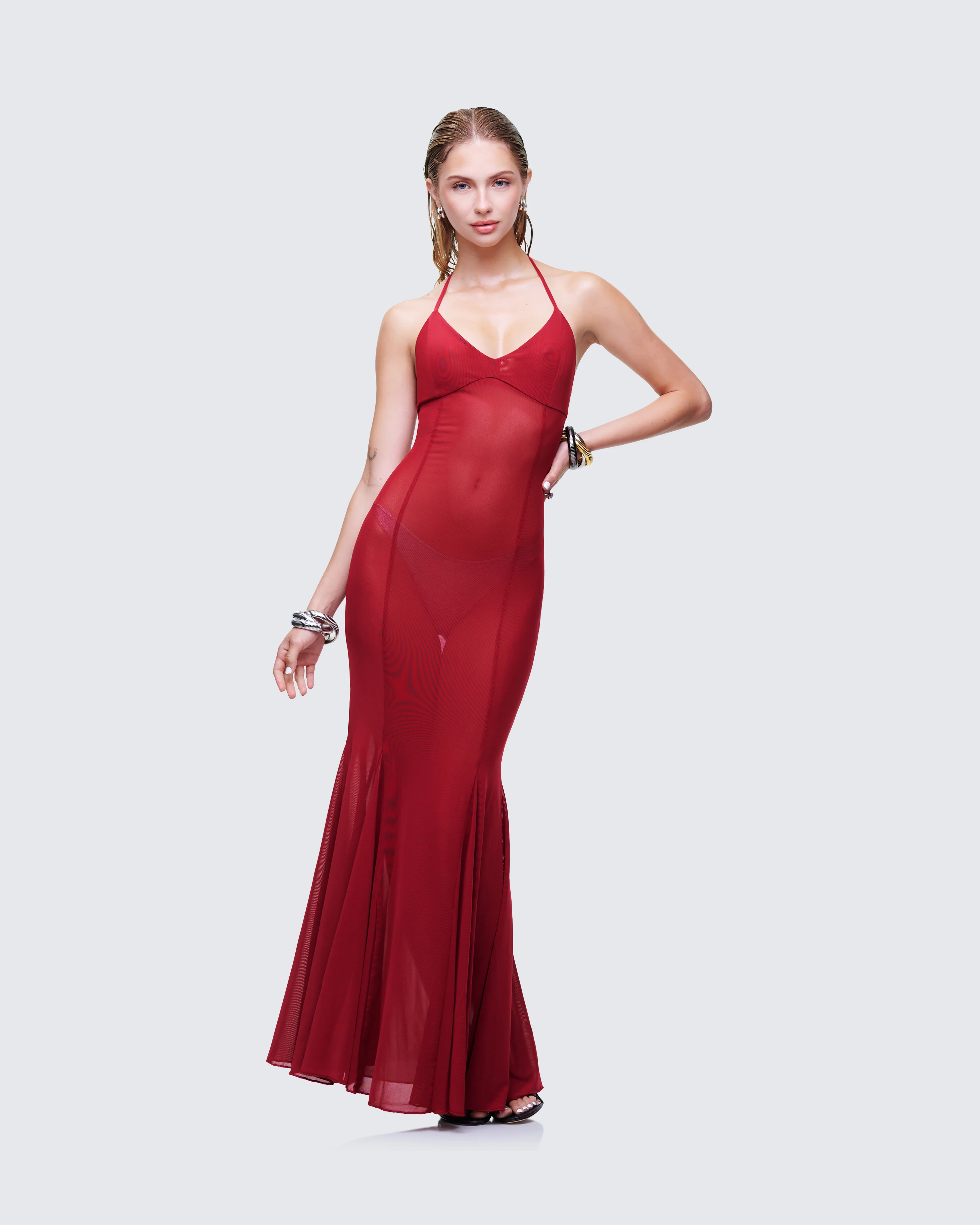 Ash Red Sheer Mesh Maxi Dress