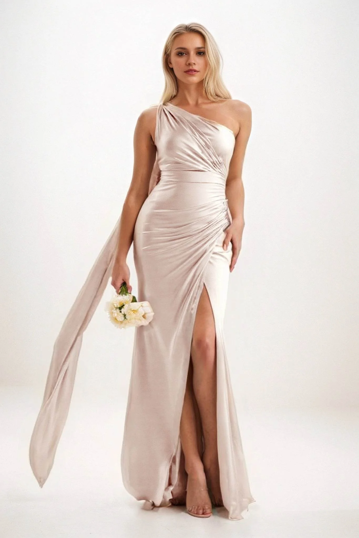 Sheath-Column Sweep-Brush Train Luxe Satin Bridesmaid Dress CB0833