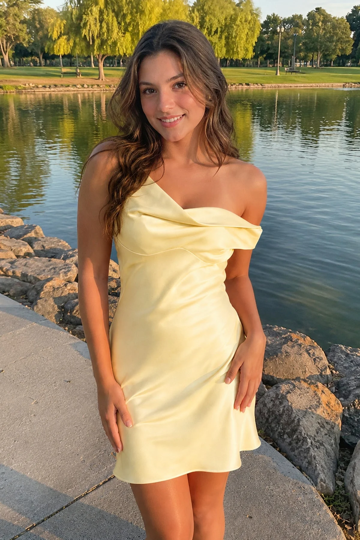 Aqua One-Shoulder Satin Ruched Sheath Homecoming Dress