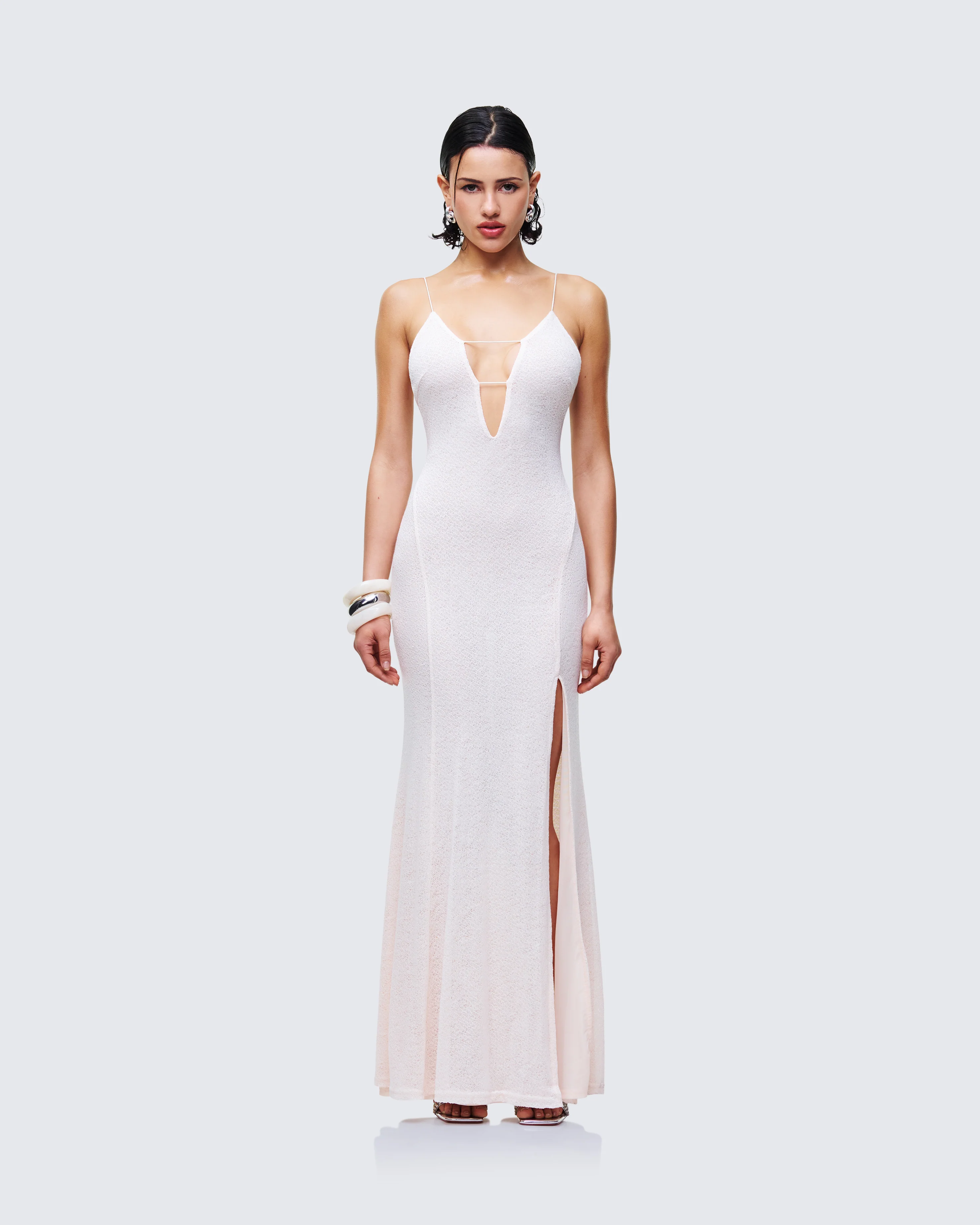 Mollie Ivory Plunge Neck Maxi Dress