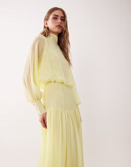 high neck deep cuff maxi dress in yellow