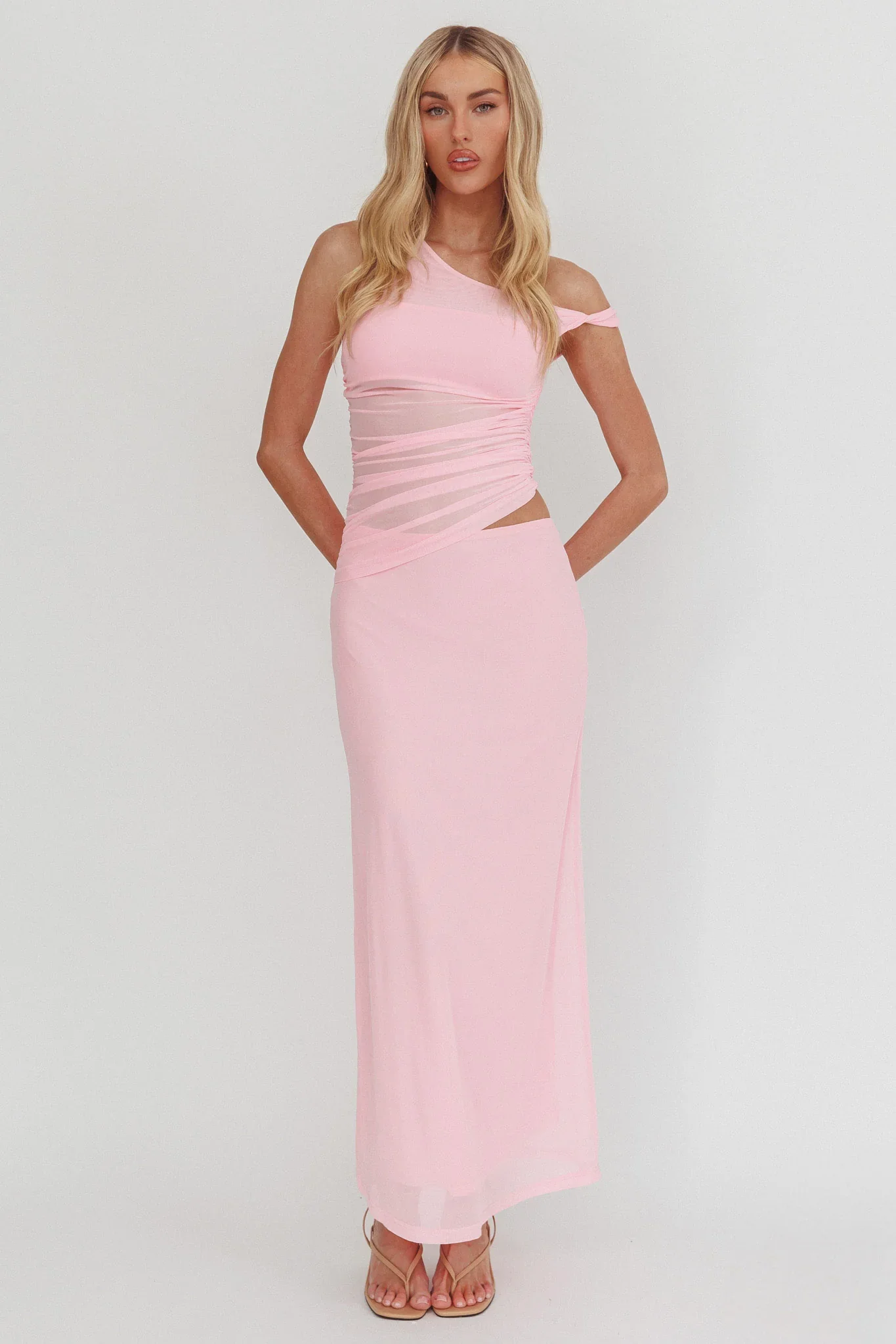 Lorely Ruched Bodice Twist Strap Maxi Dress Pink