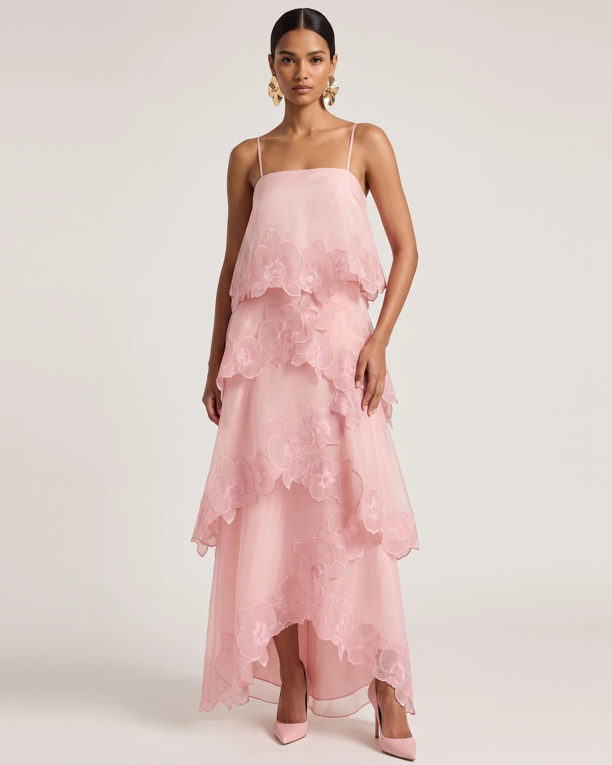 Orchid Embroidered Layered Maxi Dress - Blush Powder - FASHION NOB
