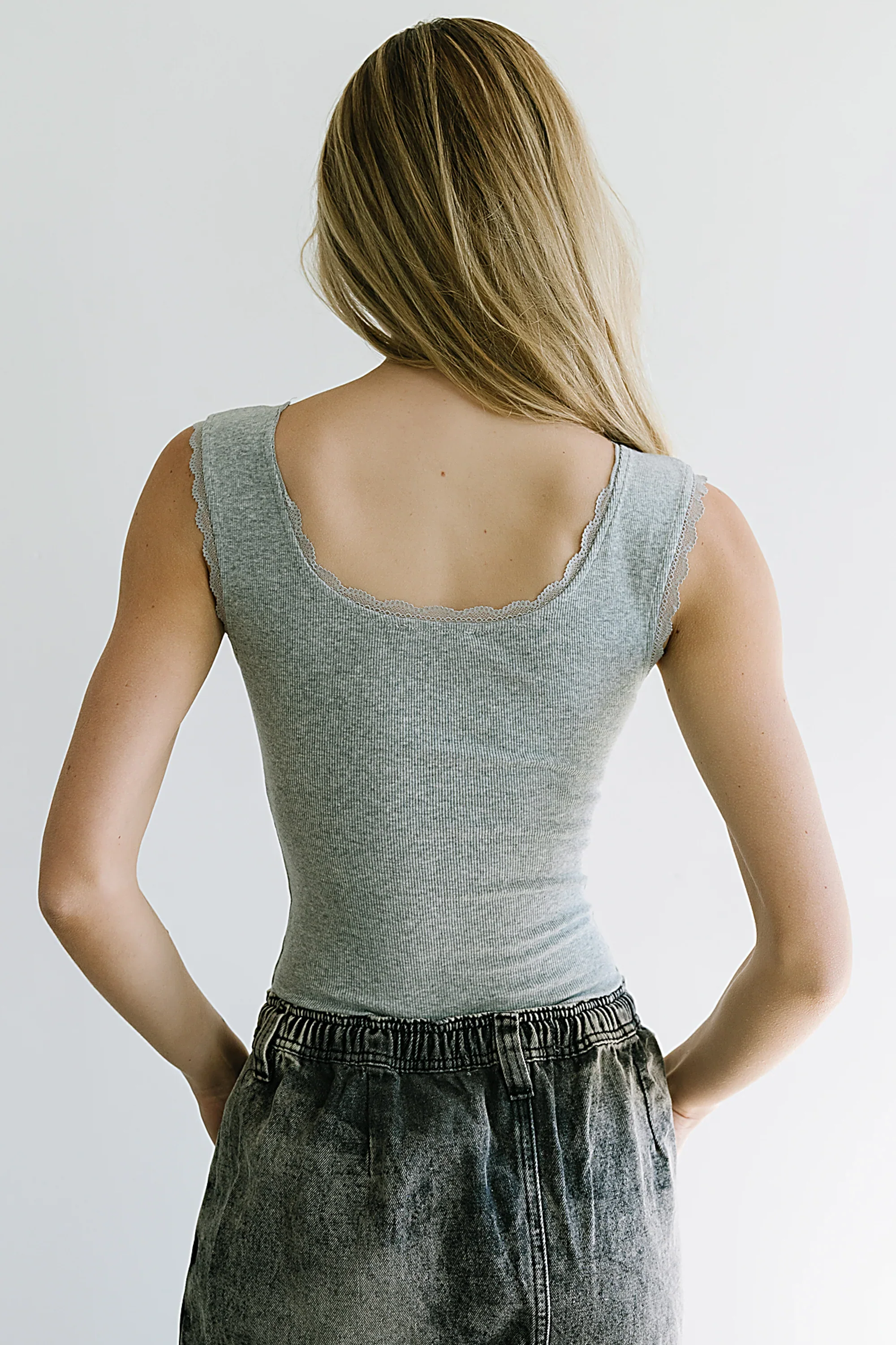 Sawyer Lace Trim Tank Top in Heather Grey