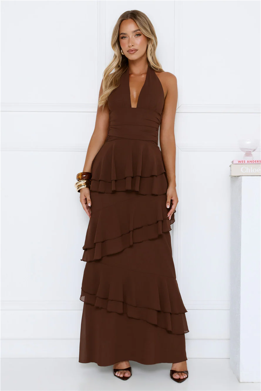 Power Glow Halter Maxi Dress Brown