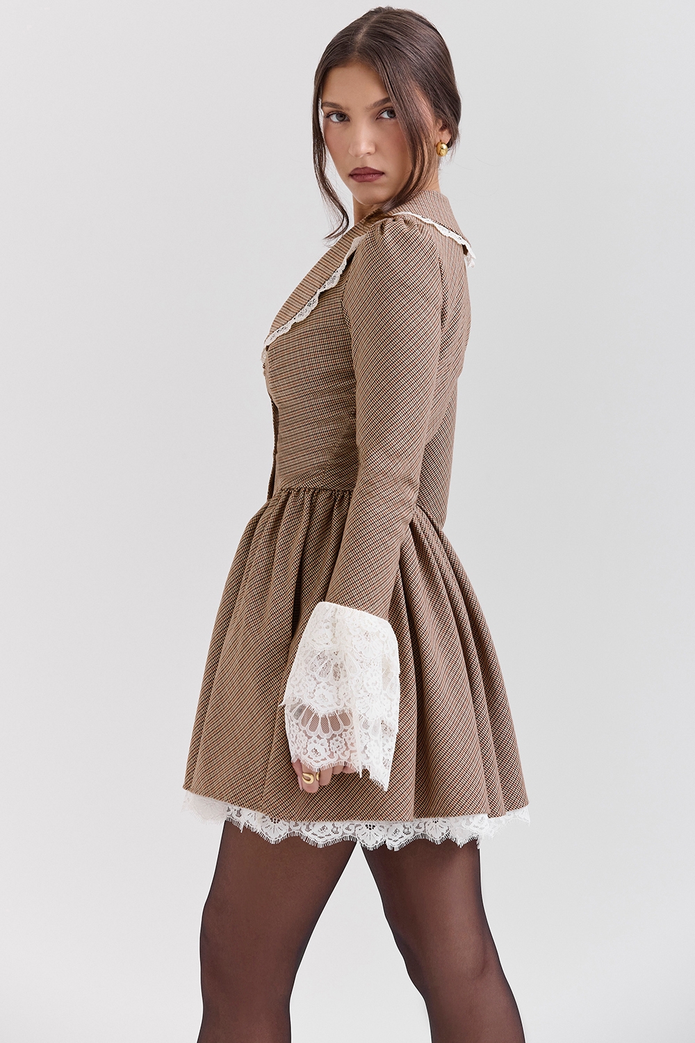 Brown Puppytooth Check Mini Dress