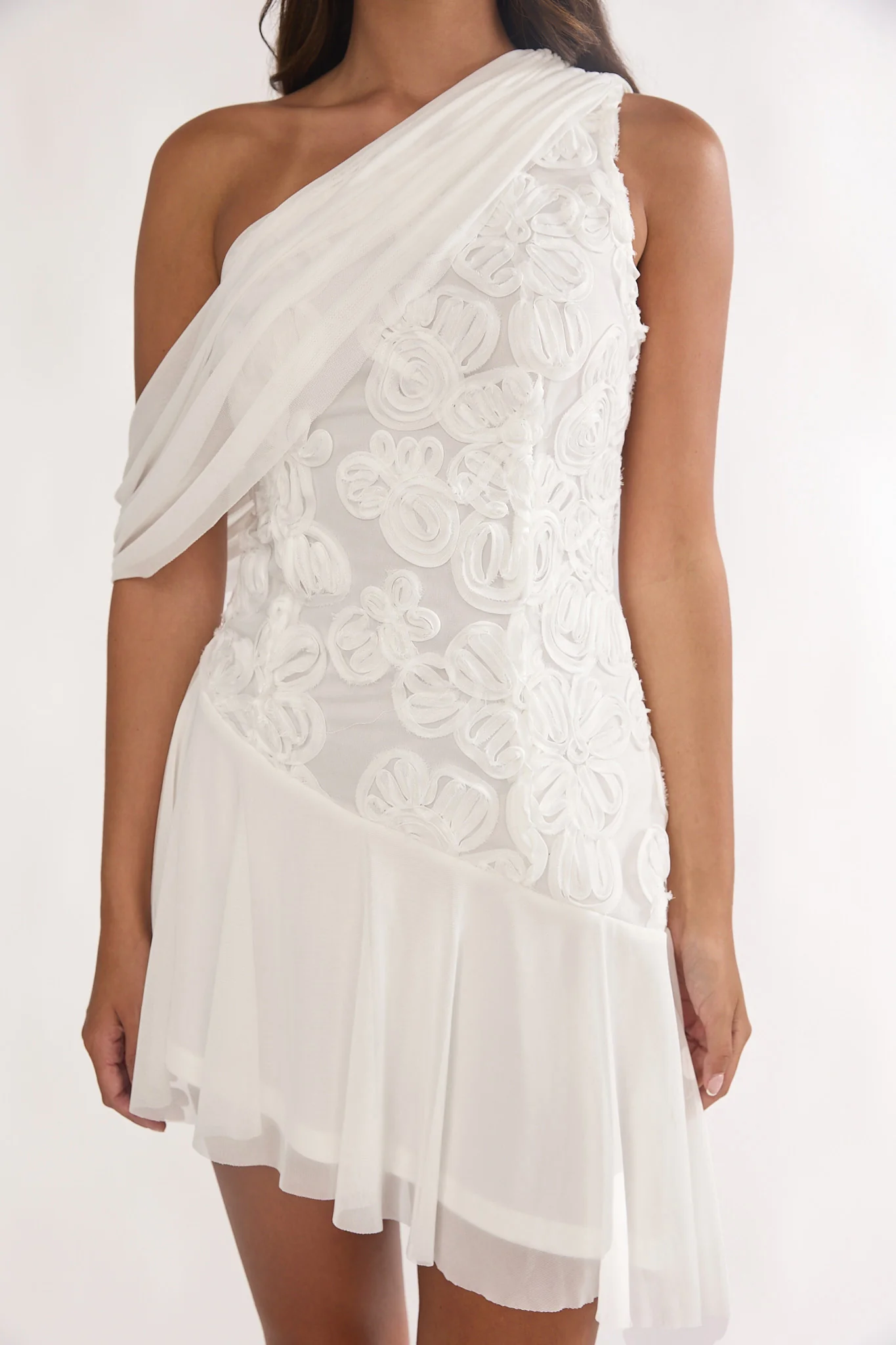 Anaisa One-Shoulder Draped Mini Dress Embellished Off White - luluinthesky