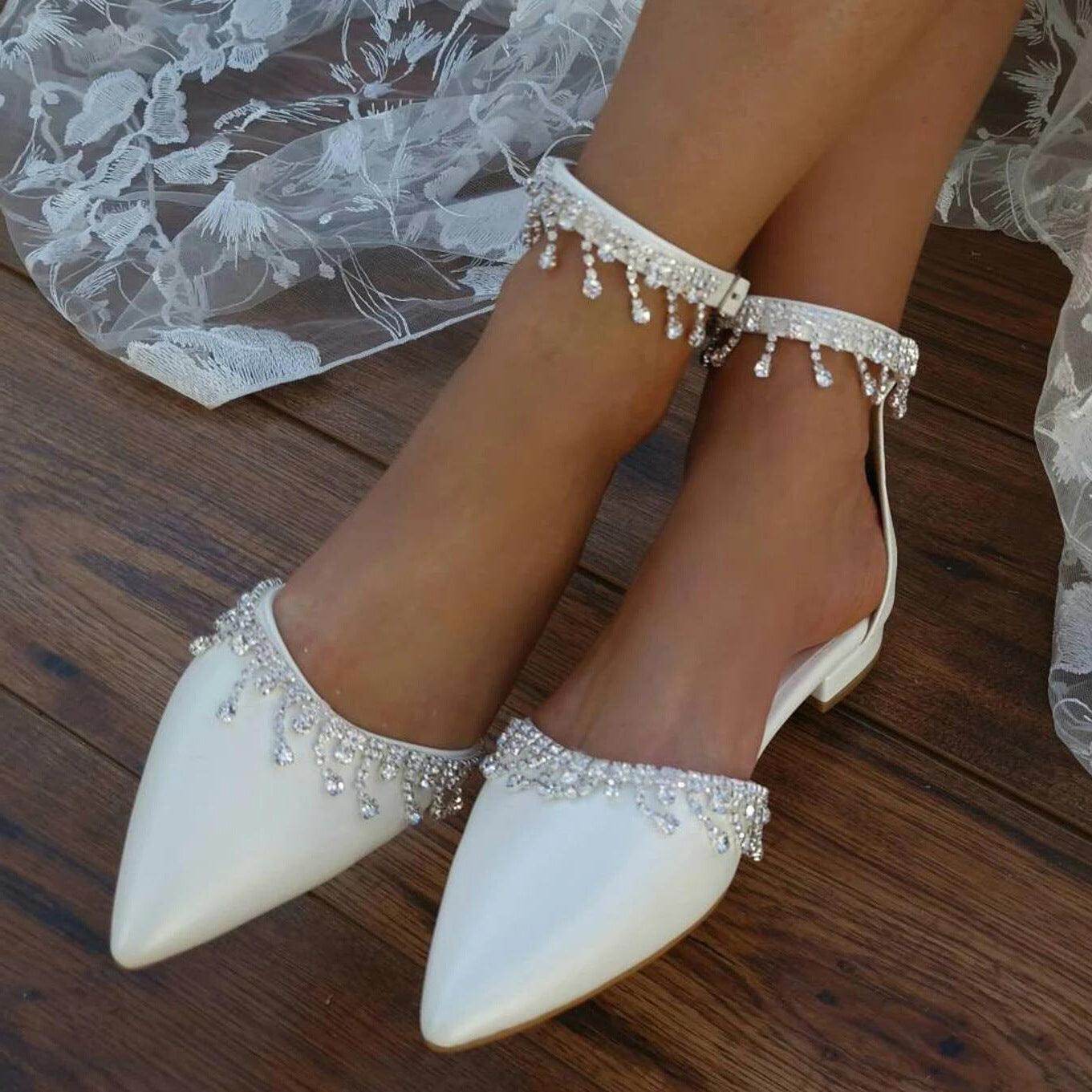 White Crystal Ankle Strap Pointy Flat Shoes 708270132734