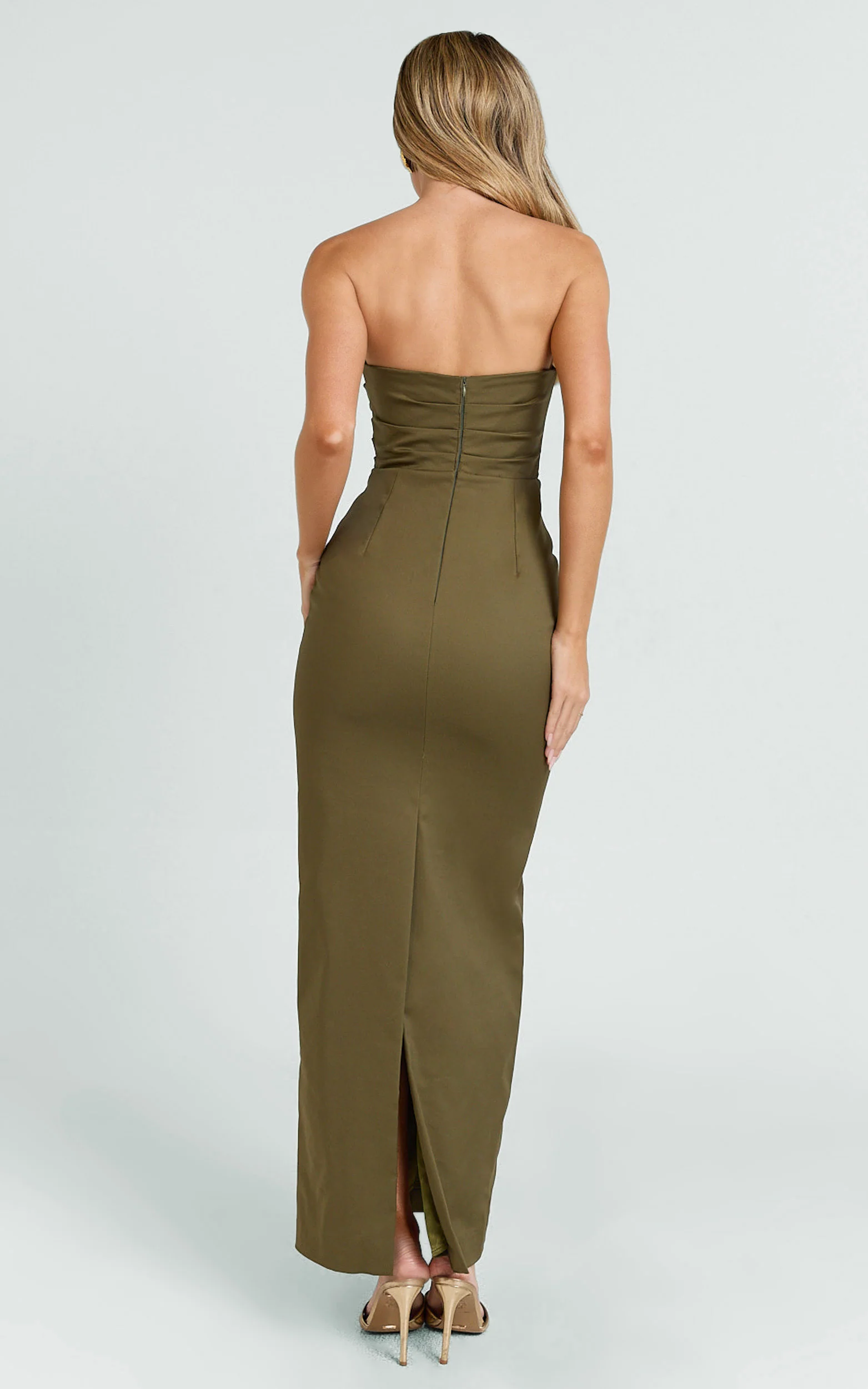 Jamie Maxi Dress - Strapless Ruched Fitted Column Dress in Olive