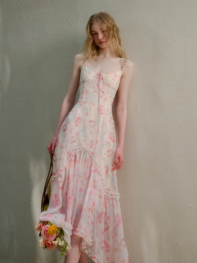 Flower-pattern Flowing Dress