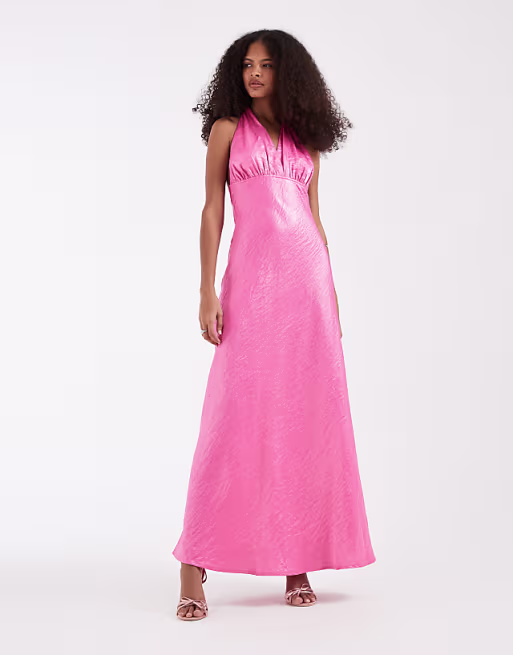 PIECES halterneck shimmery satin maxi dress in pink
