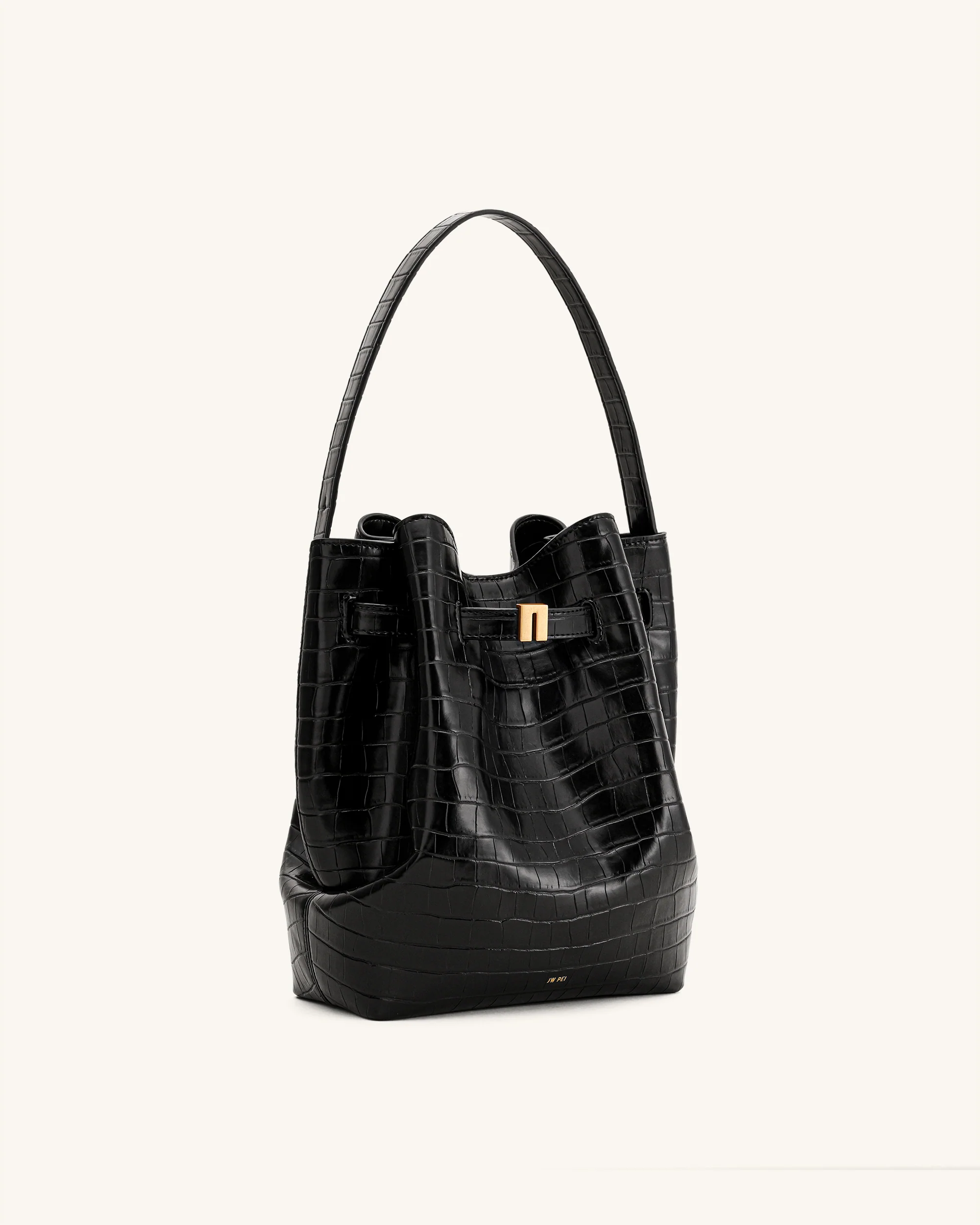 Clara Lock Accent Bucket Shoulder Bag - Black Croc