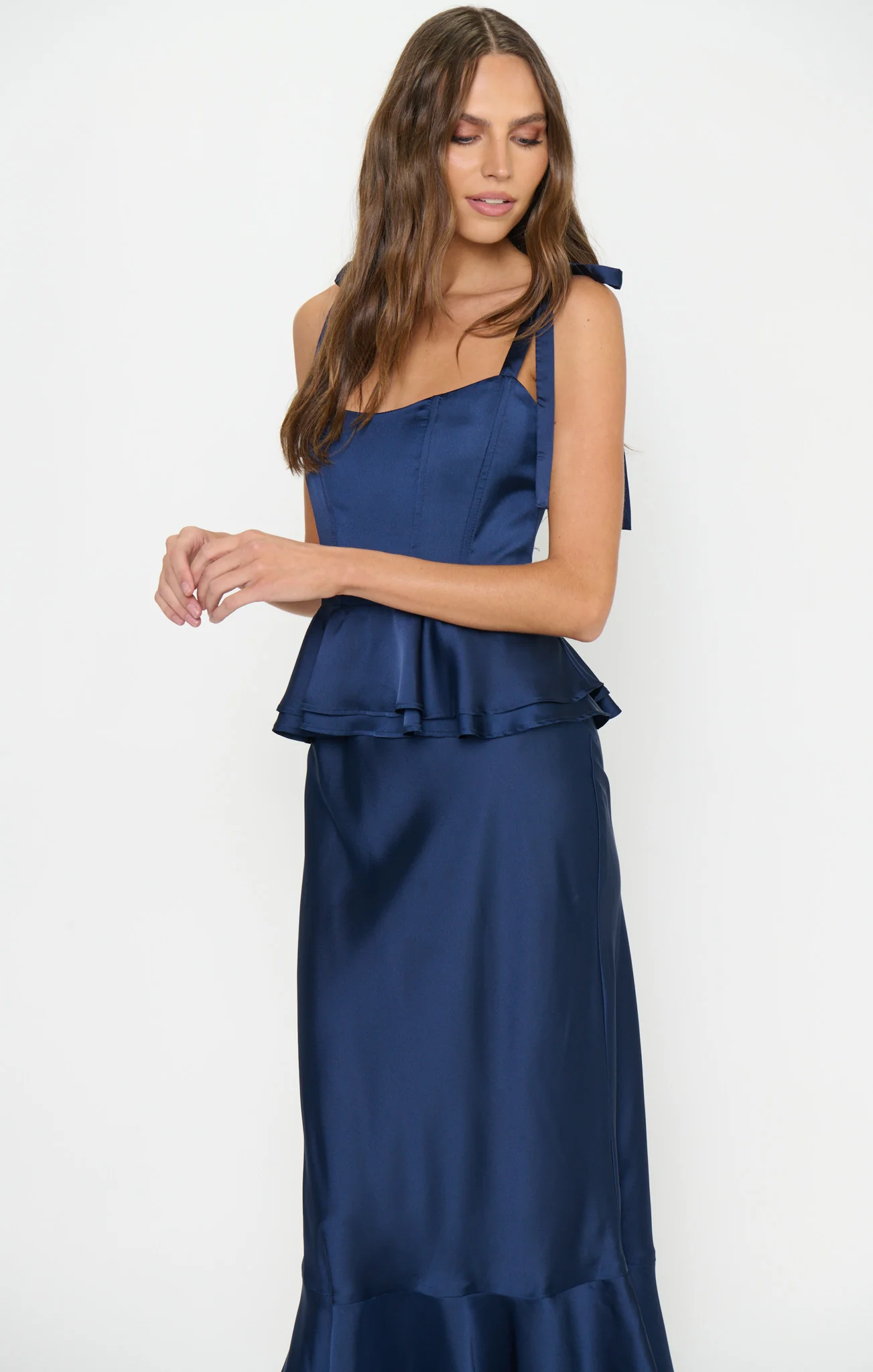 Pauline Peplum Dress ~ Midnight Navy Luxe Satin