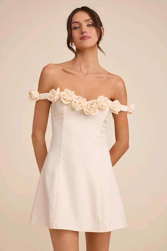 Gracen Ivory Rosette Off-the-Shoulder Skater Mini Dress