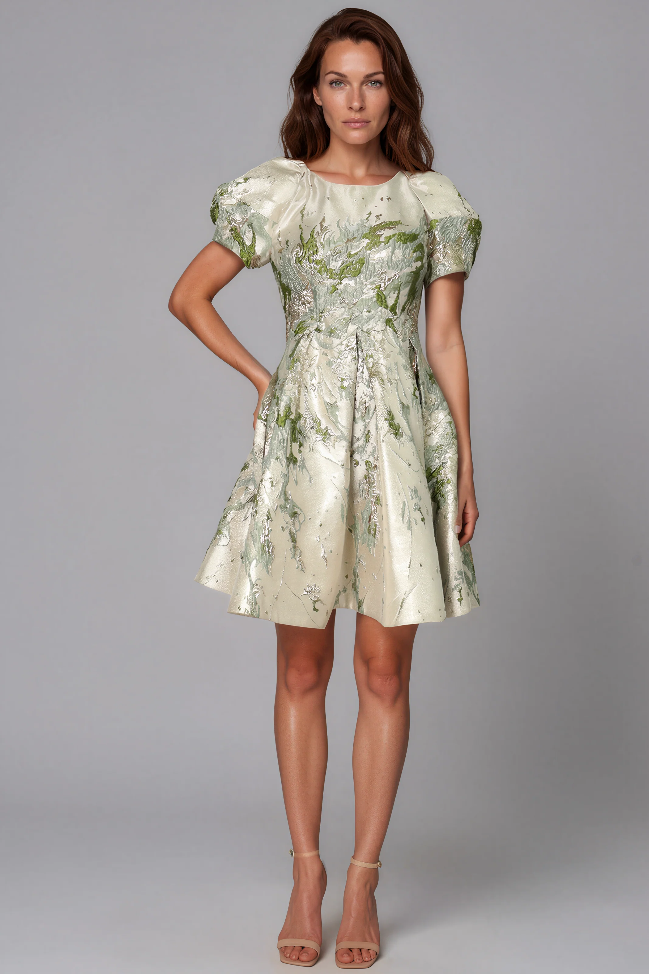 Puff Sleeve A-line Brocade Cocktail