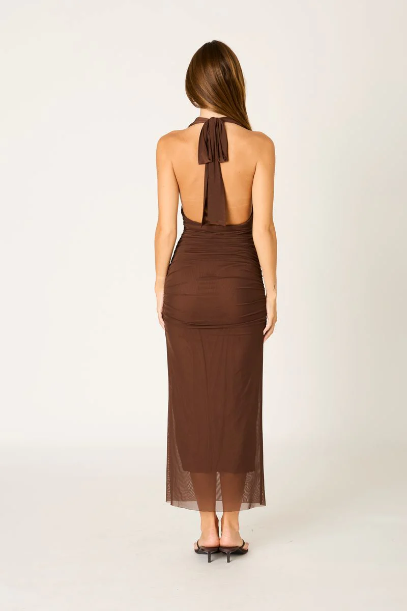 Ruched Mesh Midi Dress