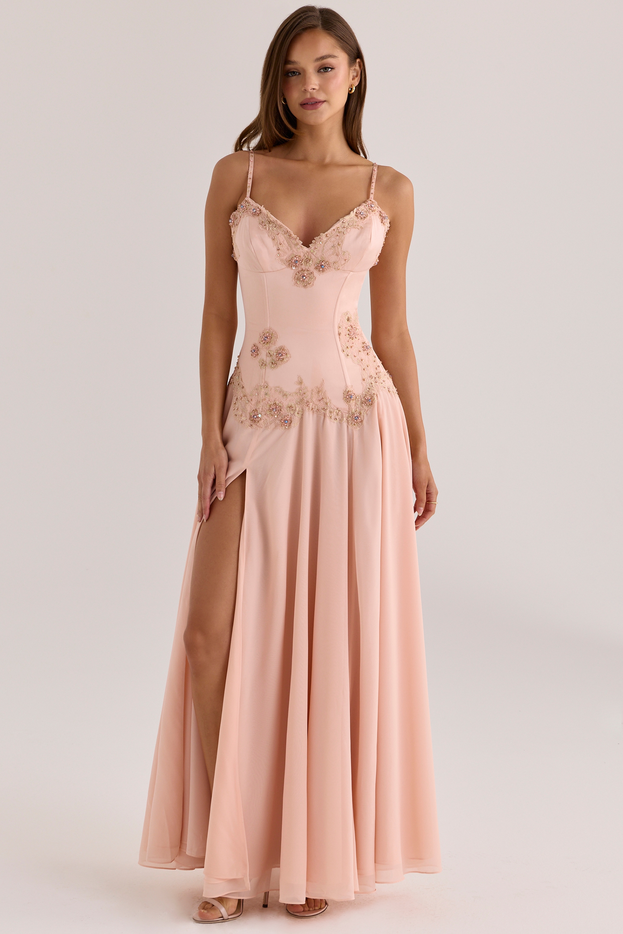 Blush Satin Custom Hand Beaded Embellished Maxi Dress - Limited Edition