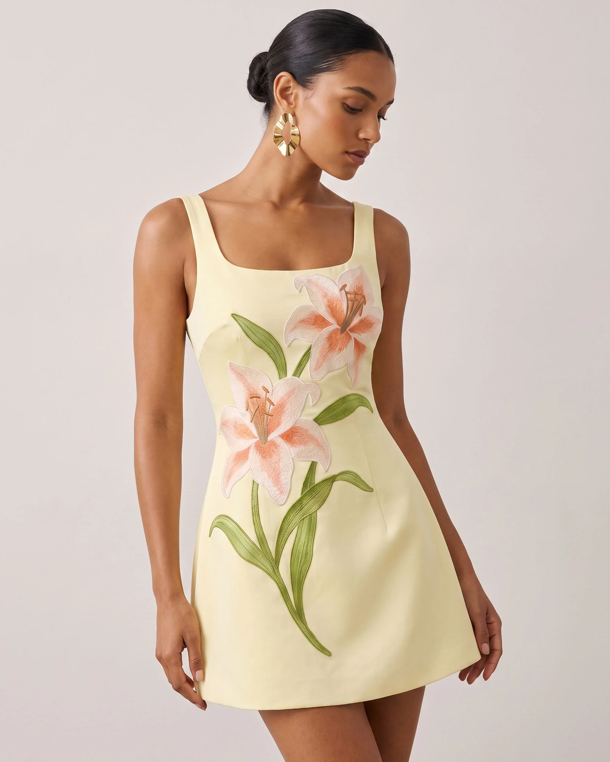 Lily Floral Print Sleeveless A-Line Mini Dress - Yellow - FASHION NOB