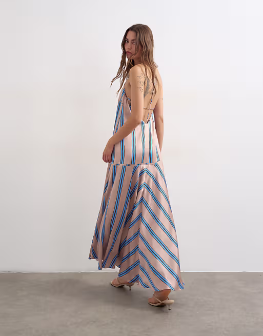 Topshop satin seamed maxi dress with piped edges in natural and blue stripes
