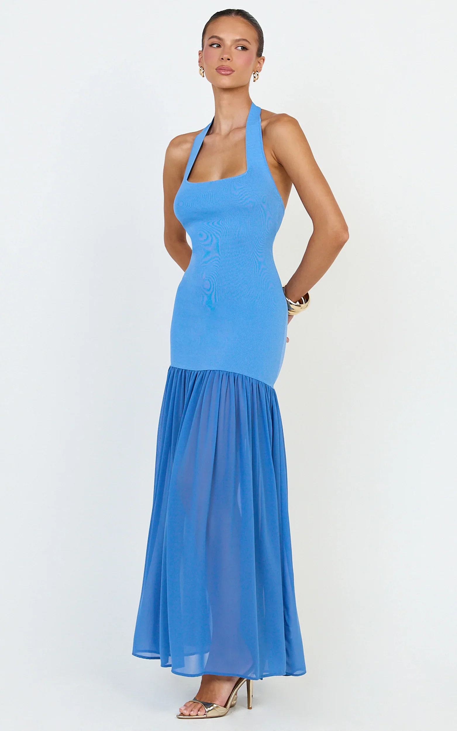 Barbara Maxi Dress - Halter Scoop Neck Contrast Georgette Dress in Cornflower Blue