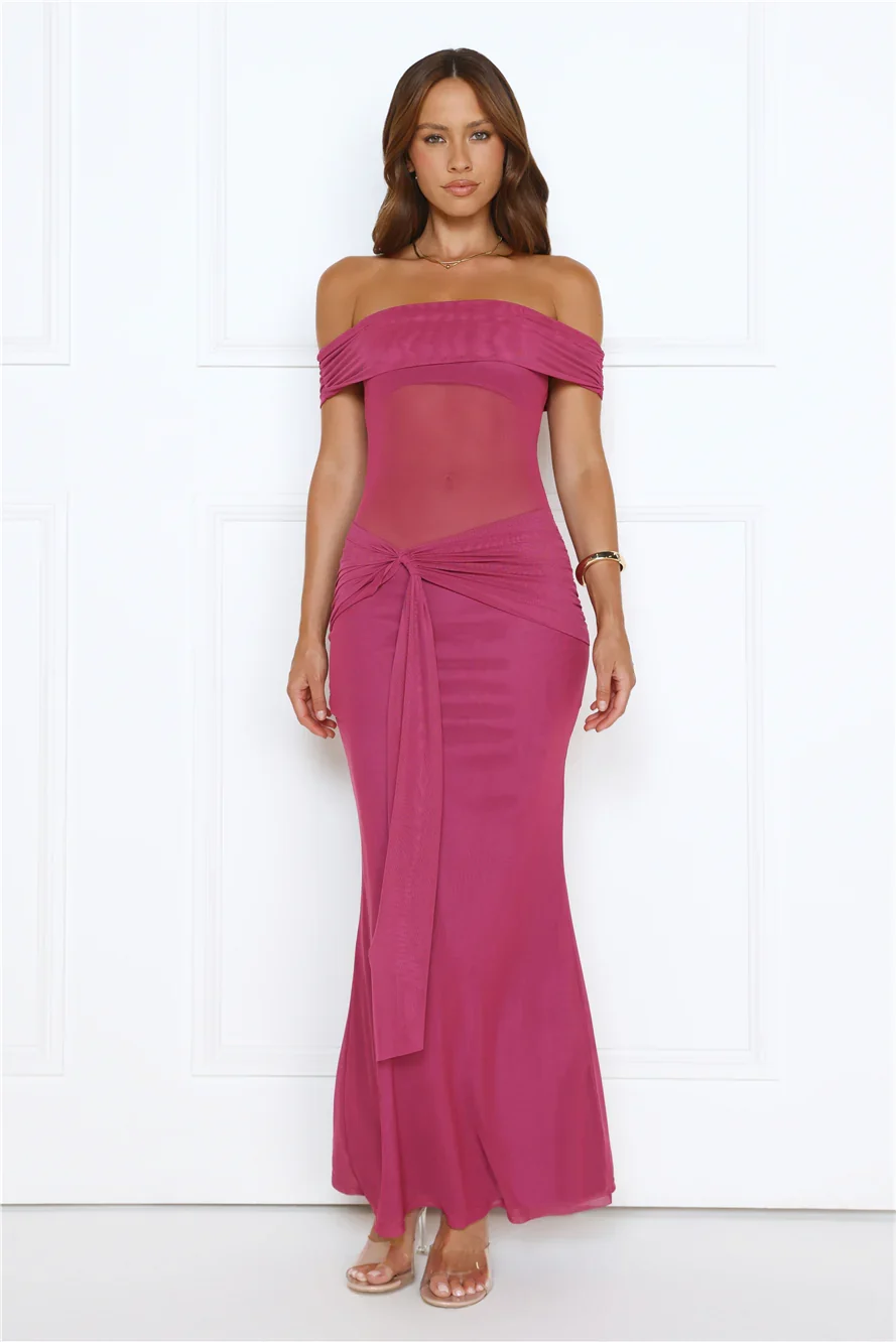 Nightfall Glitter Off Shoulder Maxi Dress Plum
