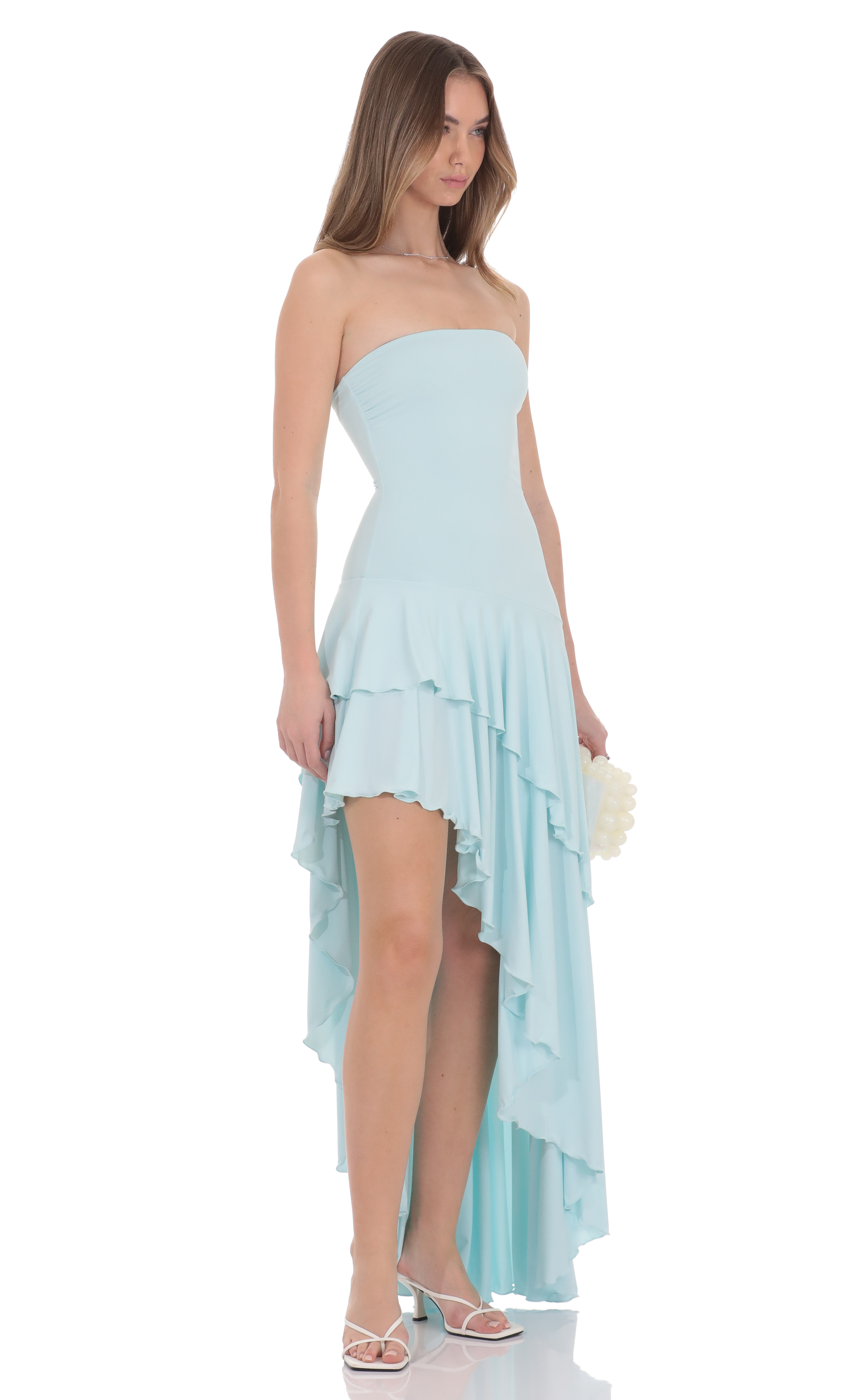 Strapless Ruffle Asymmetrical Maxi Dress in Mint - luluinthesky